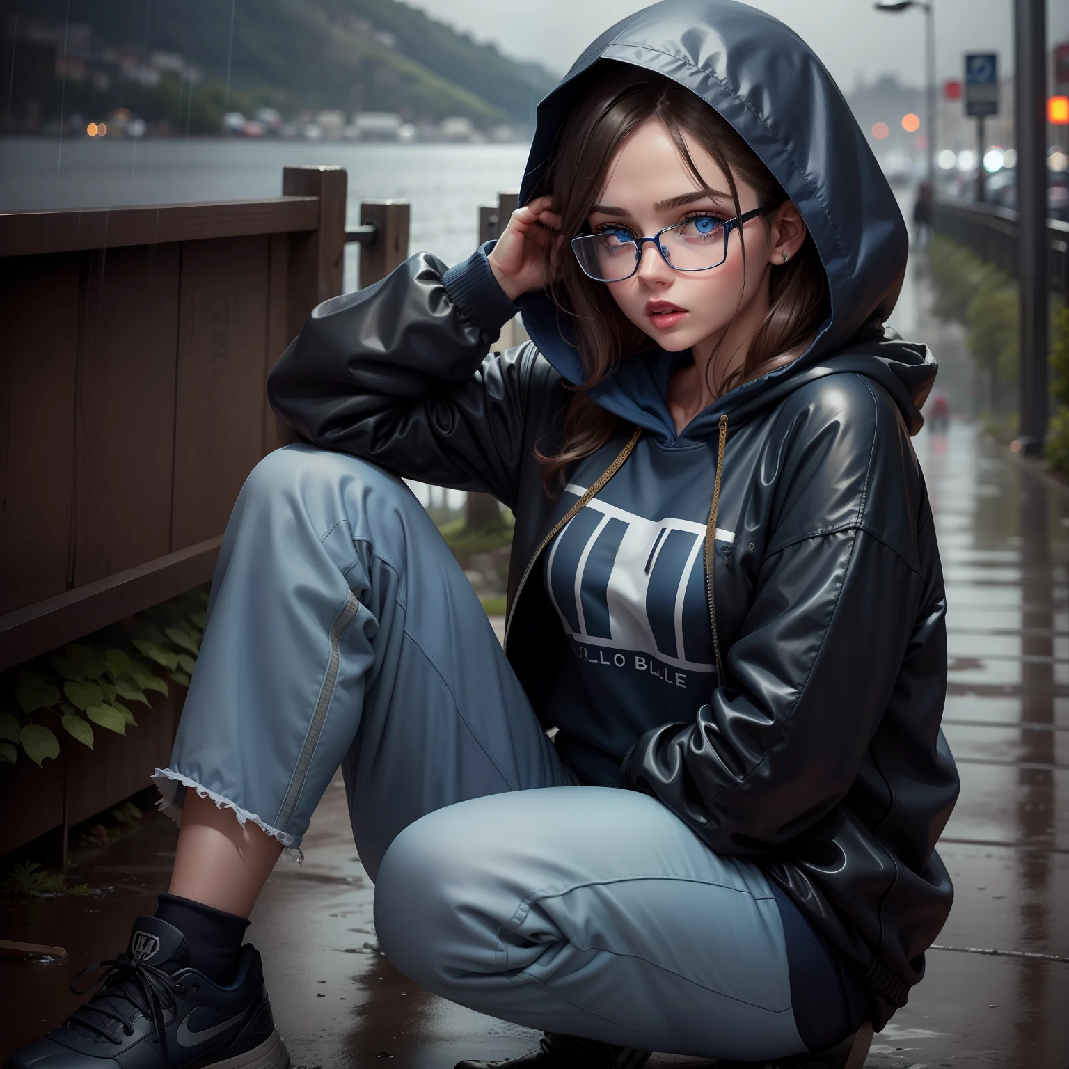 1 girl, blue eyes, glasses, real woman face, dark blue hoody, mouth open, knee pants, bluesea hair, outdoor, rainy day, realistic, ultra detailing