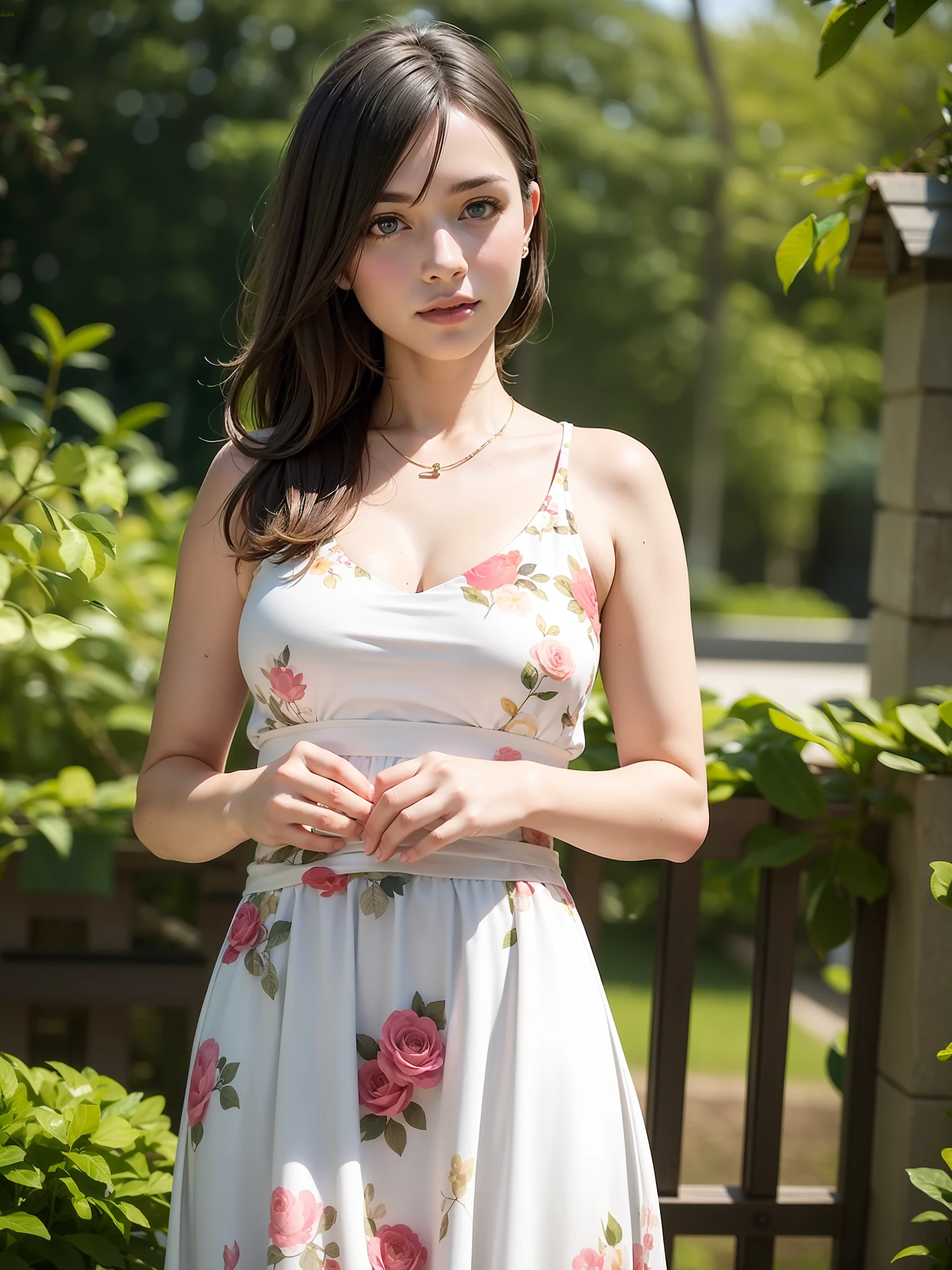white woman, floral dress, 8k uhd, soft lighting, high quality ,realistic photo, a realistic photo,(photo realistic:1.1), best quality, masterpiece, ultra high res, (8k, RAW photo:1.2)