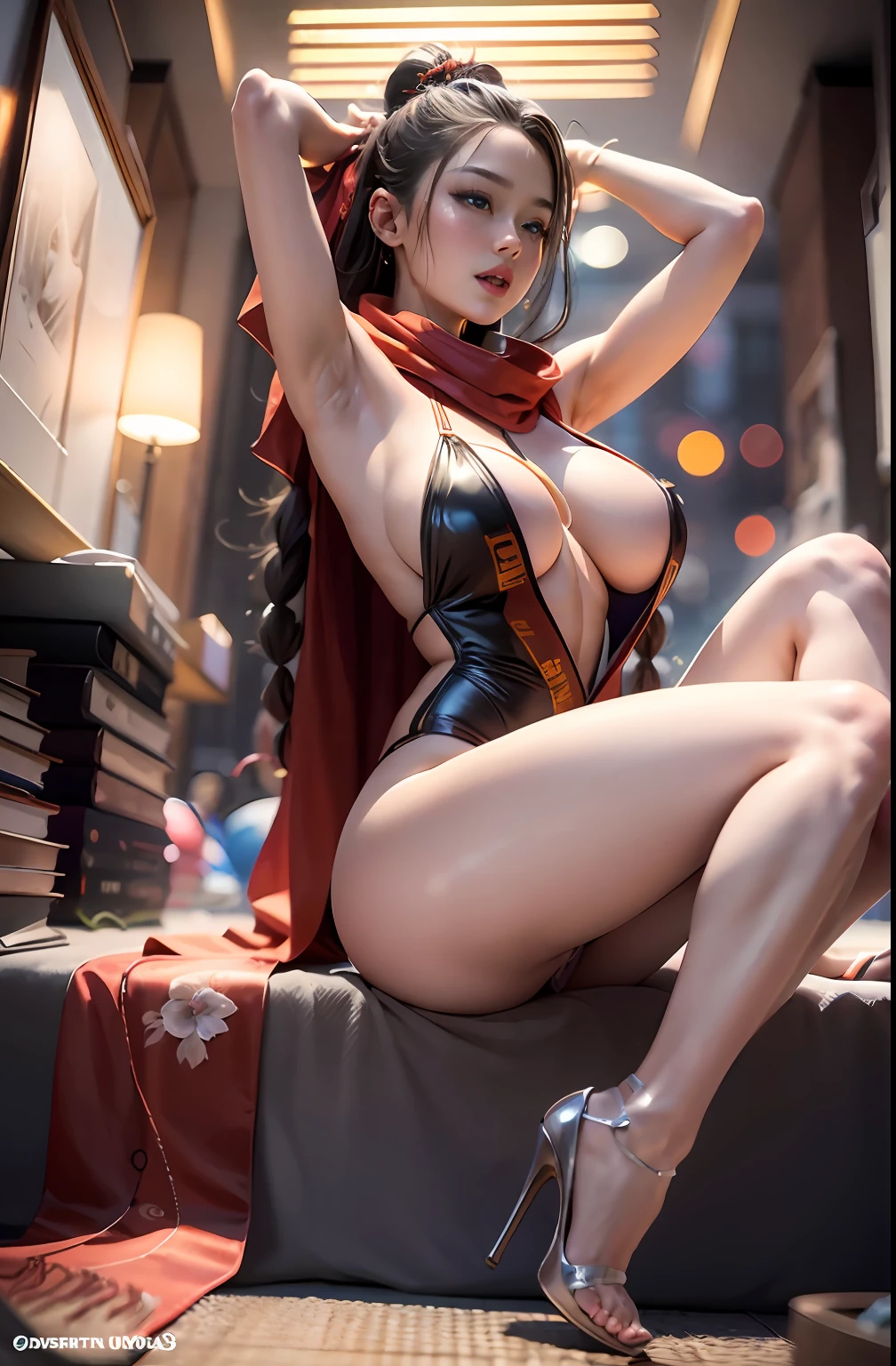 Best quality, official art, very detailed CG unified 8k wallpaper, huge file size, very detailed, high resolution, very detailed, beautiful detailed girl, very detailed eyes and face, beautiful detail eyes, light on face, movie lights, 2 girls, (from below: 1.3), (perspective: 1.2), looking at the audience, full body, full body photo, braids, blowing tide, vaginal ruin, drooling, very huge breasts, open legs, sexual excitement, sexual expression, thinness, high heels, outdoors, Hip width, thick thighs, (Hanfu: 5), , roof, evening, neon in the back, a girl wearing a transparent silk scarf, no clothes, no panties, very huge breasts, sitting on the bed, legs open, arms raised above the head, in a seductive pose,