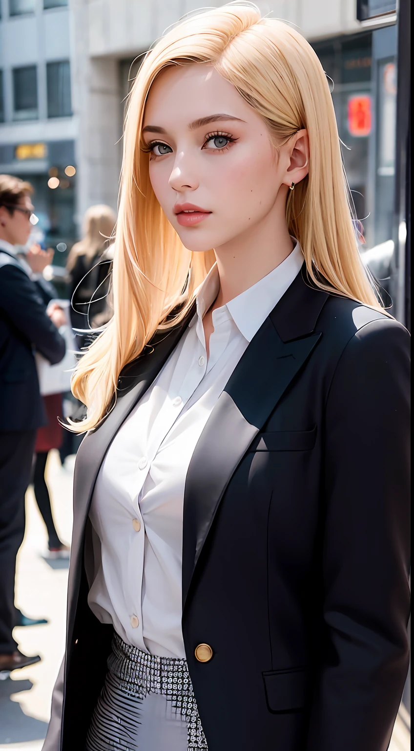 European and American women, A fashion model, Wear a cropped blazer, Glamour, paparazzi taking pictures of her, Blonde hair, Brown eyes, 8K, High quality, Masterpiece, Best quality, HD, Extremely detailed, voluminetric lighting, Photorealistic