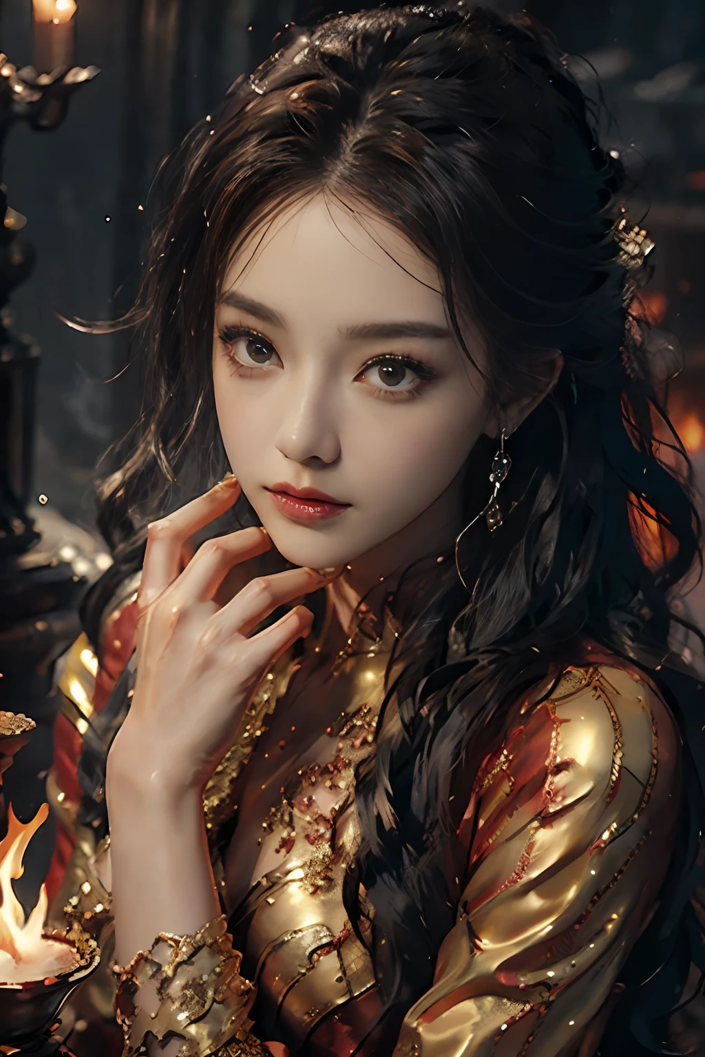 {{master piece}}, pinnacle rendering, realistic rendering, dark red rendering, metal rendering, {{color ink painting}}}, {{splash ink}}}, {{color}}, {{color}}, gorgeous rendering, best quality, illustration, flame, smoke, doomsday world, splash ink fire sea doomsday, full body, 1 girl, exquisite facial details, delicate facial features, fair face, beautiful detail eyes, deep pupils, broken city details, beautiful details long hair, Wavy hair, broken details street, transparent mechanical core, cyborg girl, detail, tight fit, lace finish, linear light costume retouching, light rendering, reflection, highlight, holy light, confidence, charm, battle stance detail close-up, fire day, {filigree}, colored background, a dragon stands behind the girl, sea of fire, {tornado special effects}, beautiful details red fairy costume (gentle, confident) large depth, depth of field, 360°Panorama screen, fierce and grand battle scenes, broken mirrors, fingers all hidden and not displayed, small mouth closed