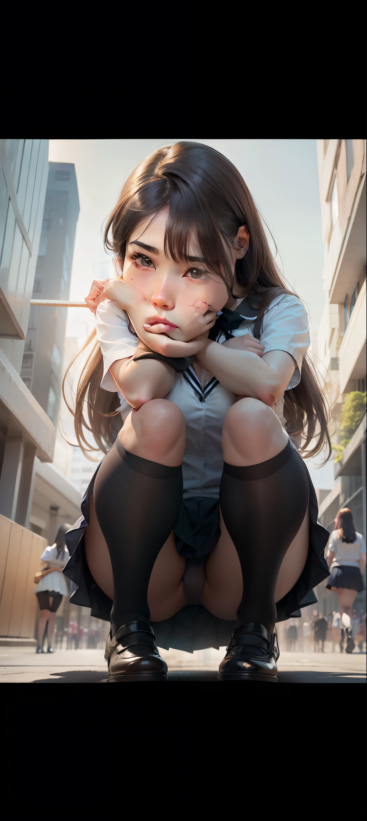 Move your center of gravity back, put your hands forward from both feet, put both feet in the circle of your hands, pretty embarrassing, no panties, thin legs, tight skirts, knees at 90 degrees, heels on the ground on, hands in front of my feet, hugging my legs, kneeling down, sidewalk, RAW photos, 8K, highest quality, ultra-high resolution, beautiful faces detailed, real human skin, gentle expressions, Front view, angle from below, long hair, realistic, photorealistic, cute, short skirt, squatting deep in the city, cute school girl, Japanese schoolgirl uniform, wearing Japanese school uniform, surreal high school girl, whole body,