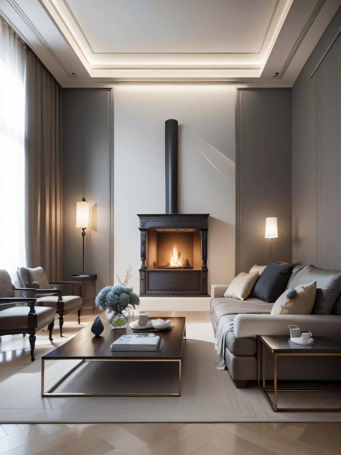 Interior atmospheric decoration,fireplace(Positive perspective),There was a sofa,tea table,Ultra photo realsisim, tmasterpiece, best qualtiy,Simple atmosphere, ultra - detailed, 超高分辨率,Indoor HD rendering