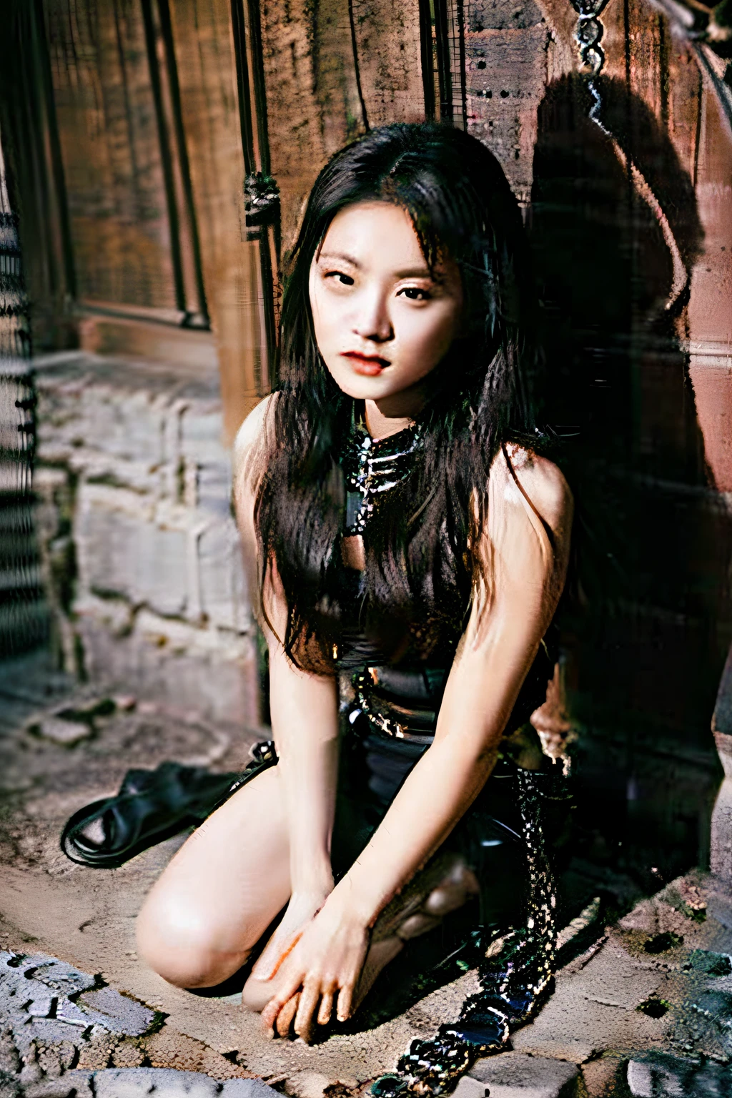 The beauty wears a collar and an iron chain，The collar is attached to the chain，Kneeling in an iron cage，The barefoot，Naked all over the body，Long black hair covers the breasts，锁链，manacles，binding，crucifixion，handcuff，anklet，chastity belt