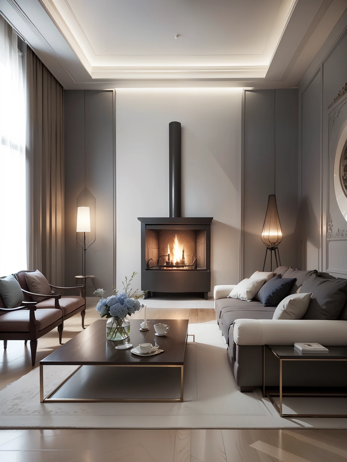 Interior atmospheric decoration，fireplace（Positive perspective），There was a sofa，tea table，Ultra photo realsisim， tmasterpiece， best qualtiy，Simple atmosphere， ultra - detailed， 超高分辨率，Indoor HD rendering