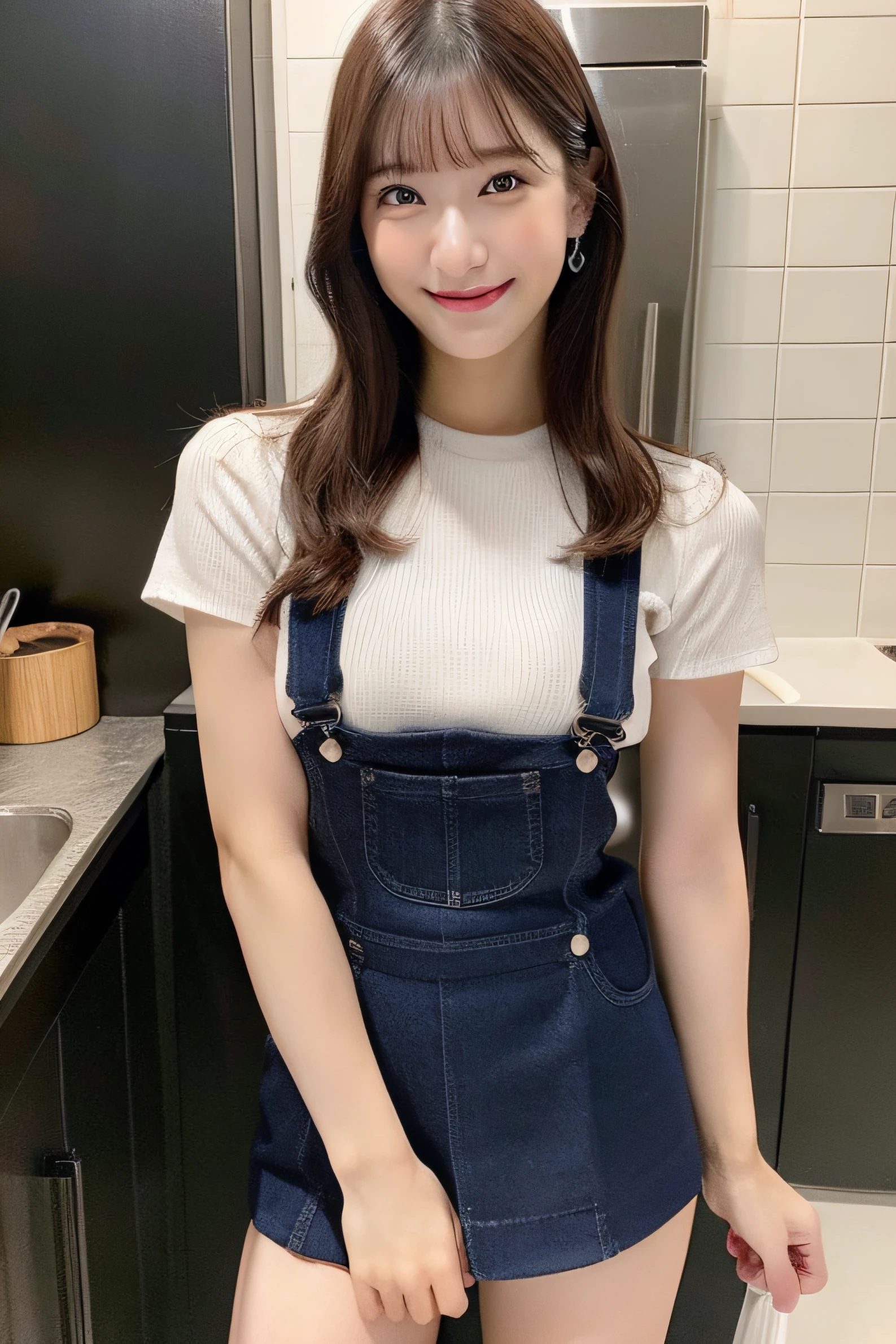 (top-quality、8K、masterpiece:1.3)、Show your open crotch in perfect shape、Beautiful fece:1.4、dark brown hair、Wearing a pendant、pinafore、Wearing a miniskirt、in a kitchen、extremely detailed face and skin、A detailed eye、二重まぶた、Colossal tits、A smile、Naked and open crotch 、cute little