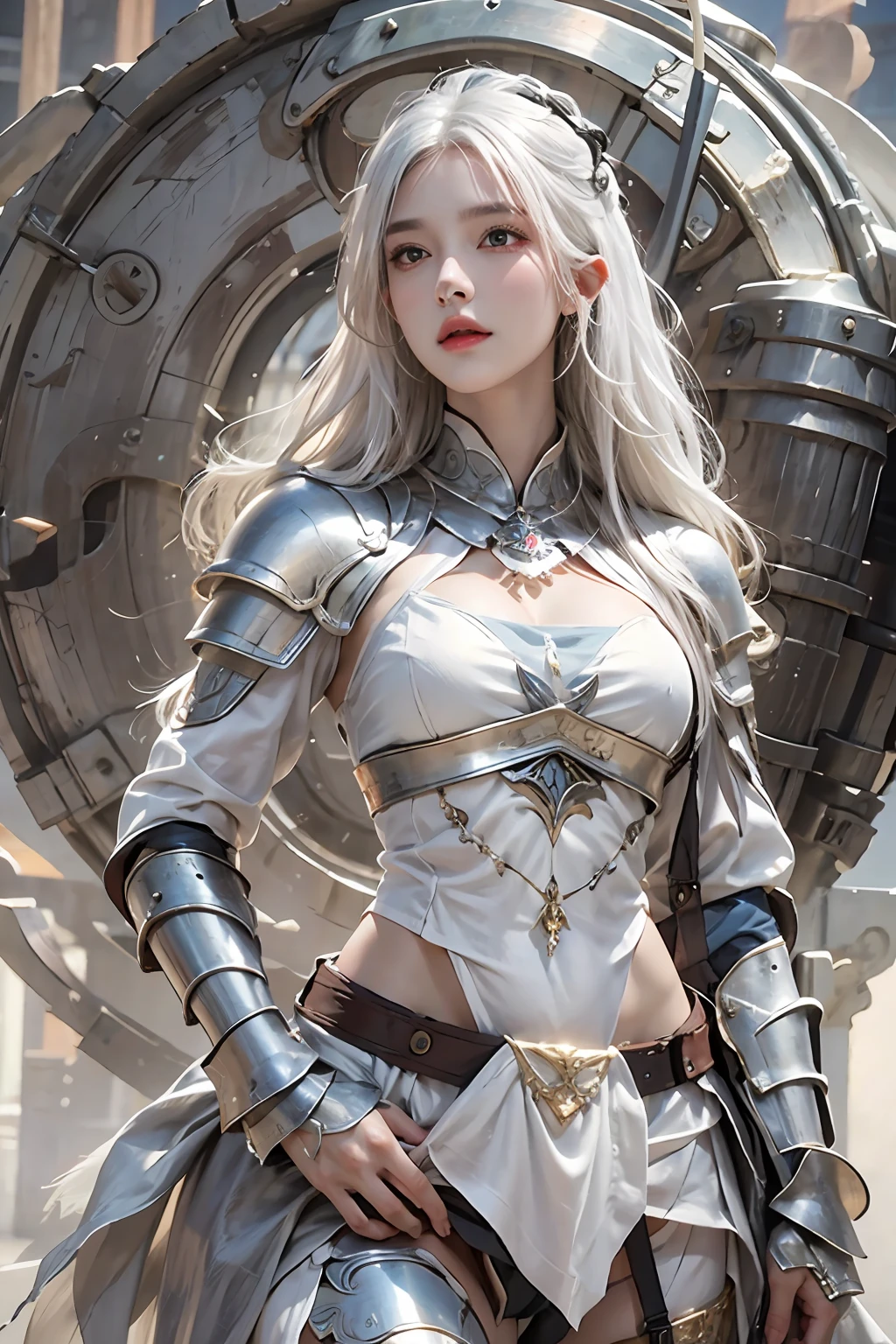 photorealistic, high resolution, 1women, solo, hips up, look at viewer, (detailed face), white hair, heavy armor, fitness body, jewelry