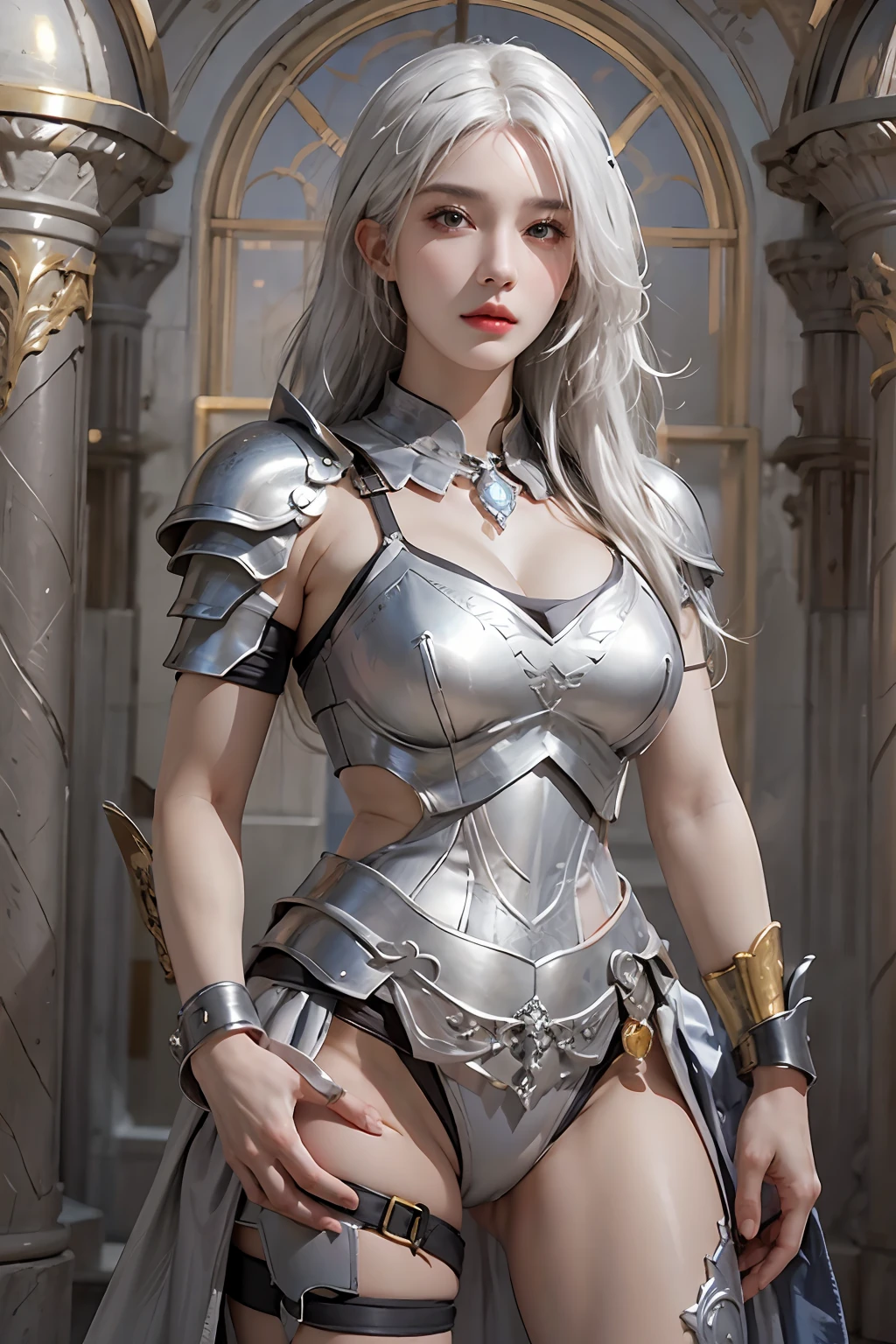 photorealistic, high resolution, 1women, solo, hips up, look at viewer, (detailed face), white hair, heavy armor, fitness body, jewelry