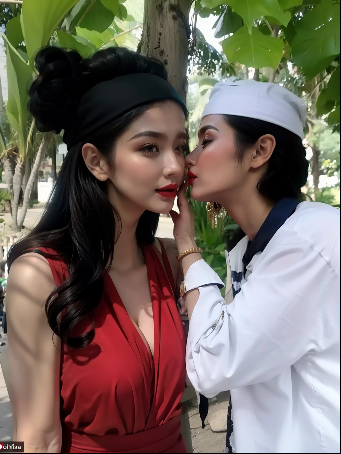 Woman in headscarf, kissing, white skin, red lipstick, Russian woman, photorealistic