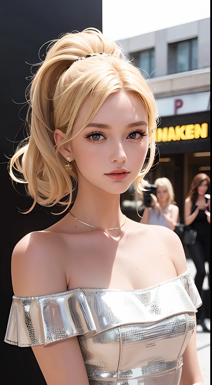 European and American women, A fashion model, Wear an off-the-shoulder top, Glamour, paparazzi taking pictures of her, Blonde hair, Brown eyes, 8K, High quality, Masterpiece, Best quality, HD, Extremely detailed, voluminetric lighting, Photorealistic