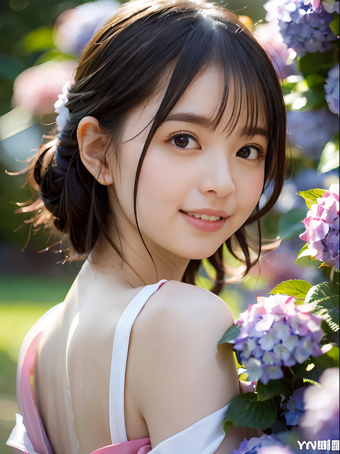 (((Full body photo)))), ((Single eyelid))),((Sunset backlight))),(Lens flare)),(Wearing china clothes)),(((Super Soft Focus)))))), smiling, (Profile))))), (Upward)), twilight, showering, Colorful hydrangea on background, surrounded by hydrangeas, ((soft sunset)), (yinchuan:1.5), masterpiece, best quality, raw photo, photorealistic, face, beautiful girl, cute, short hair, ((((depth of field)))), high resolution, ultra detail, fine detail, very detail, cinematic lighting