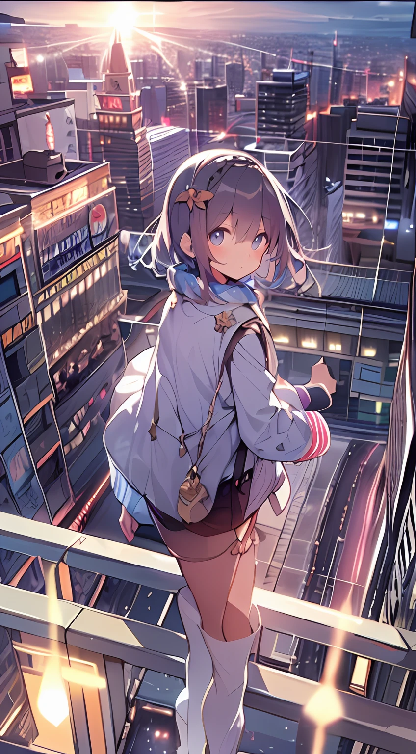 masutepiece, Best Quality,Illustration, Wallpaper, Ultra Detail, absurderes, 1loli, Solo, (Medium short hair、short braided hair), Beautiful detailed eyes , (Street), luminous sky,(a panoramic view:1.3),(Sense of depth:1.5)