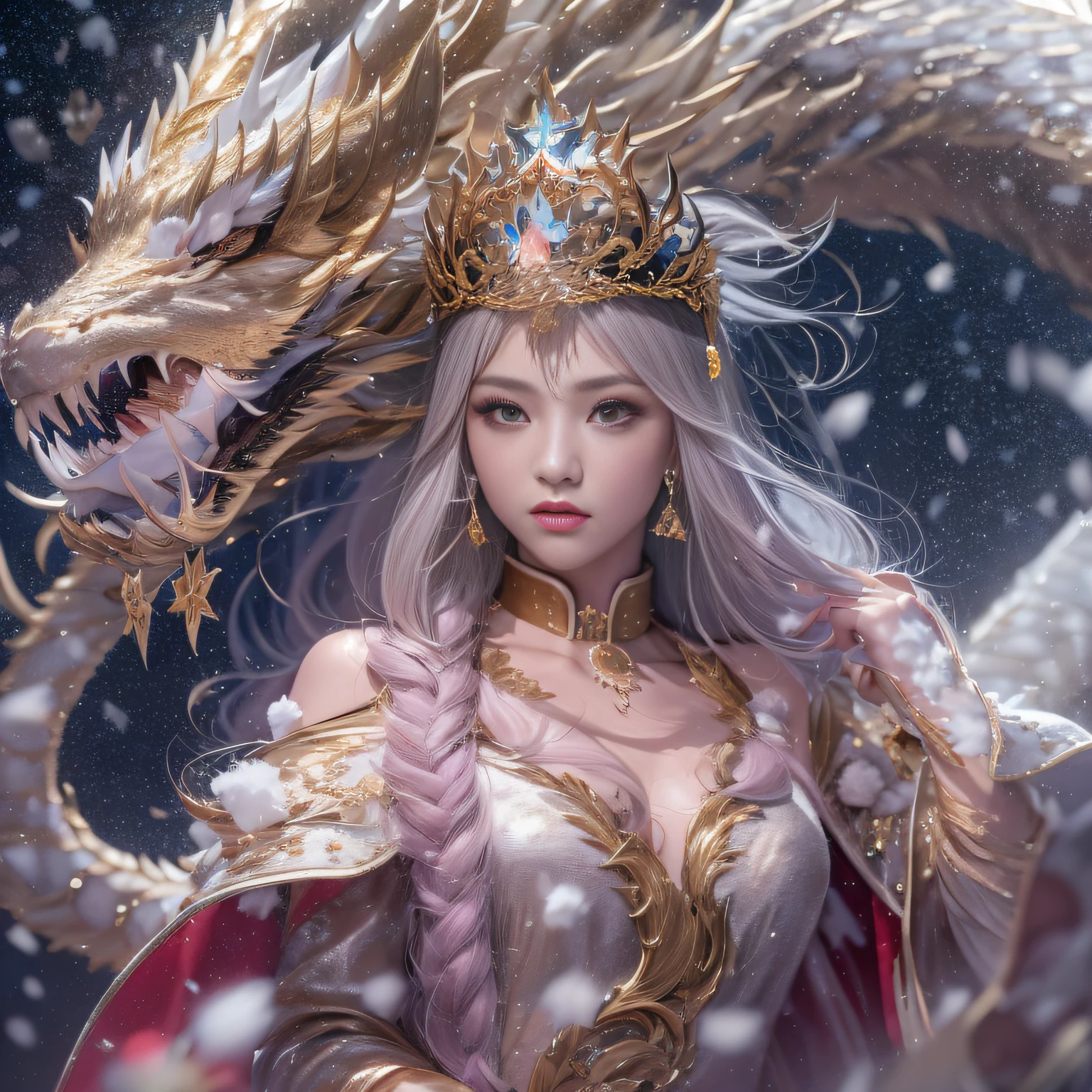 16k(tmasterpiece,k hd,hyper HD,16k)short detailed hair,Vintage train sleeper area,Snow Circle Girl ,Two Golden Dragon Protectors (realisticlying:1.4),Python robe,Purple-pink tiara,Snowflakes fluttering,The background is pure, A high resolution, the detail, RAW photogr, Sharp Re, Nikon D850 Film Stock Photo by Jefferies Lee 4 Kodak Portra 400 Camera F1.6 shots, Rich colors, ultra-realistic vivid textures, Dramatic lighting, Unreal Engine Art Station Trend, cinestir 800,