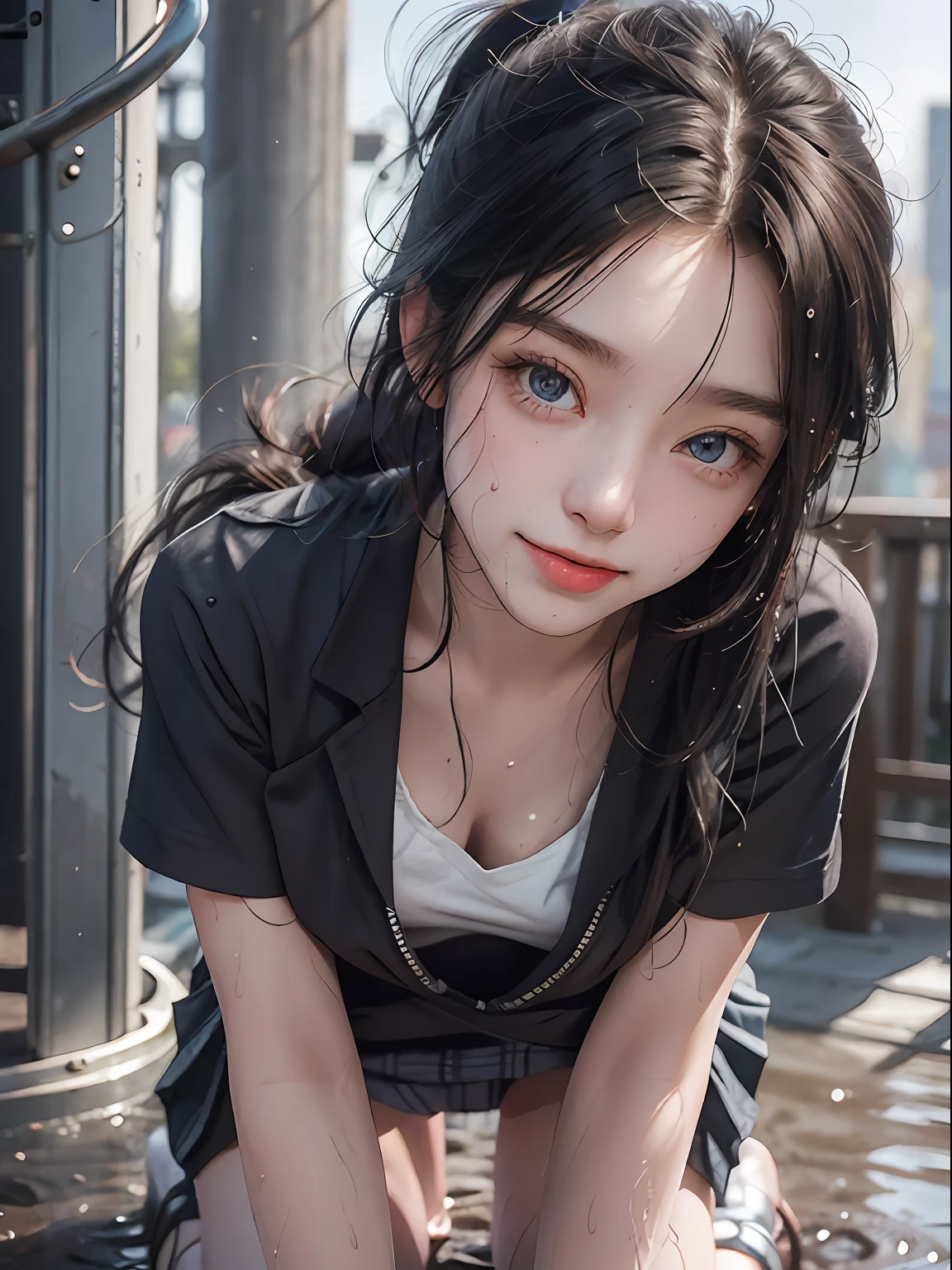girl with,18 years old， Kneeling on the playground after school, ((with whole body visible)), Far from the viewer. She is a beautiful person, Pretty, Adorable, Cute,  She's slim, slender, Petite, skinny, (Taut), (Toned waist). She was sweaty, Wet, soaked. transparent clothe, sweat on skin, Wet hair. She grinned, Smiling. She looks natural, Relaxed, Modesty. Scheming face. grimacing. (Tongue sticking out), telling a secret, Hide secrets, Shy, excited. She stared, view the viewer. She wears a black ponytail. She wears a school uniform, Roll Up Blue Collar White Shirt, Color corduroy sports bra visible through the undershirt, Short Blue Skirt, Wear two layers. Short Skirt Lift, . (((She lifted her skirt, Revealed under her panties))). The camera focuses on her face, Light on the Face, Very large aperture, ((F/1.2)), shallowdepthoffield, Strong background lens blur, ISO 3000, auto white balance, Extremely detailed, Professional Lighting, Soft light, Raw photo, UNIQLO Fashion Model, Best Quality, masutepiece, awardwinning photo, hugefilesize, 8K, hight resolution, Panties get wet、Panties show through、The shape of the pubic area rises,Shot on a Sony DSLR. Wearing a sailor suit、Big blue eyes、Detailed cute face、Complexion with good blood circulation、pink cheek