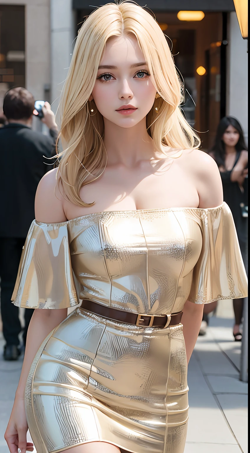 European and American women, A fashion model, Wear an off-the-shoulder top, Glamour, paparazzi taking pictures of her, Blonde hair, Brown eyes, 8K, High quality, Masterpiece, Best quality, HD, Extremely detailed, voluminetric lighting, Photorealistic
