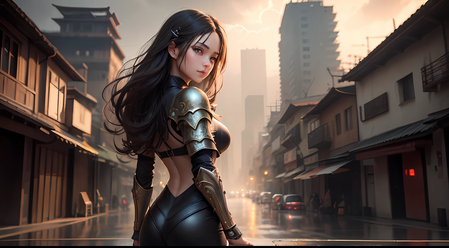 Bare buttocks, Bare back, color difference, Depth of field, Soft lighting, Masterpiece, Best quality, Intricate, Tone-mapping, Highly detailed, art  stations, concept-art, smooth, Sharp focus, Dramatic lighting, high detail artwork, Cinematic, hyperrealistic painting, 8K, Incredible shadows, Realistic, (highly detailed back ground:1.0), Highly detailed portrait of single 1 girl standing on street corner, In heavy rain，Lightning strikes and cloudy skies, Epic,Chinese Ancient Architecture, depth of fields, Background bokeh, 4K, Chinese ancient style, ashes, Particle，She has a hairpin in her wild hair, Chinese Hair Pin，Petite, Delicate red eyes，The pupils are distinct, The eyes are very charming，Cherry lips，Ominous aura, Smile, Armour, punk，back lit lighting，the golden ratio，angle of view, Atmospheric perspective,  Cinematic lighting, Fuji colors, filmgrain, Wide shot, f/1.2, 8K, Super detail,