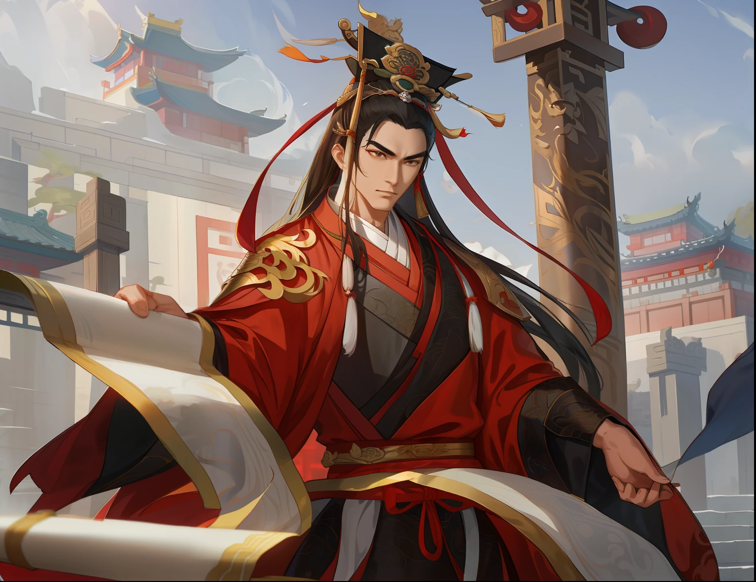 Close-up of the person holding the scroll, heise jinyao, Inspired by Huang Shen, bian lian, xianxia hero, Inspired by Zhao Yuan, Inspired by Seki Dosheng, inspired by Zhang Wo, inspired by Zhang Sengyao, by Yang J, zhao yun, full-body wuxia, Inspired by Cao Zhibai，From the three countries of China