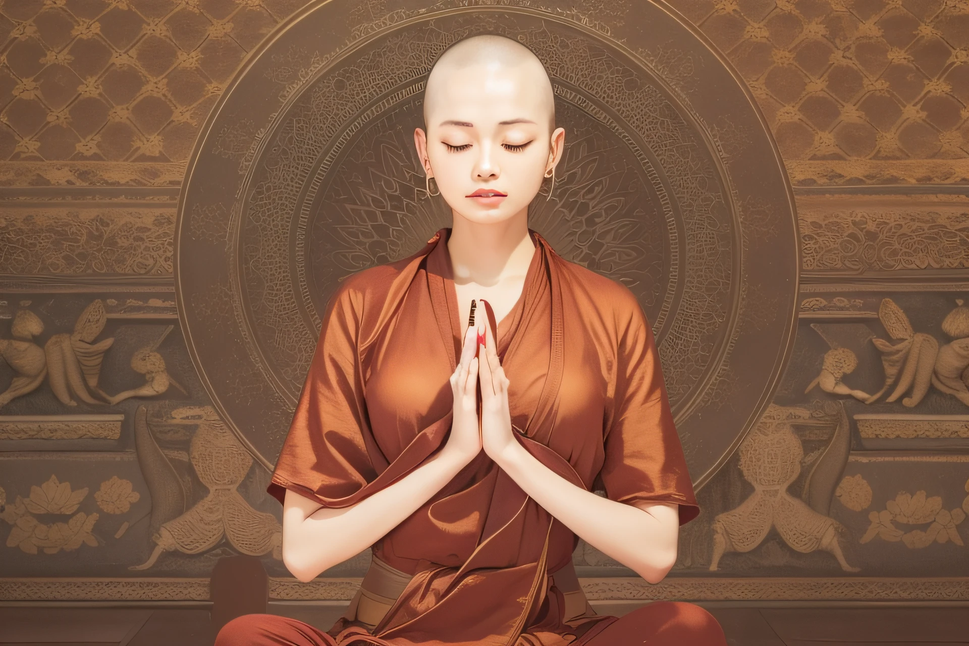 Shaved-headed À la Fed Female Monk Prays, buddhist monk meditating, Anjali Mudra, figure meditating close shot, wearing simple robes,beads cross onbare chest, Elegant Yoga Poses,Slender Asian Woman