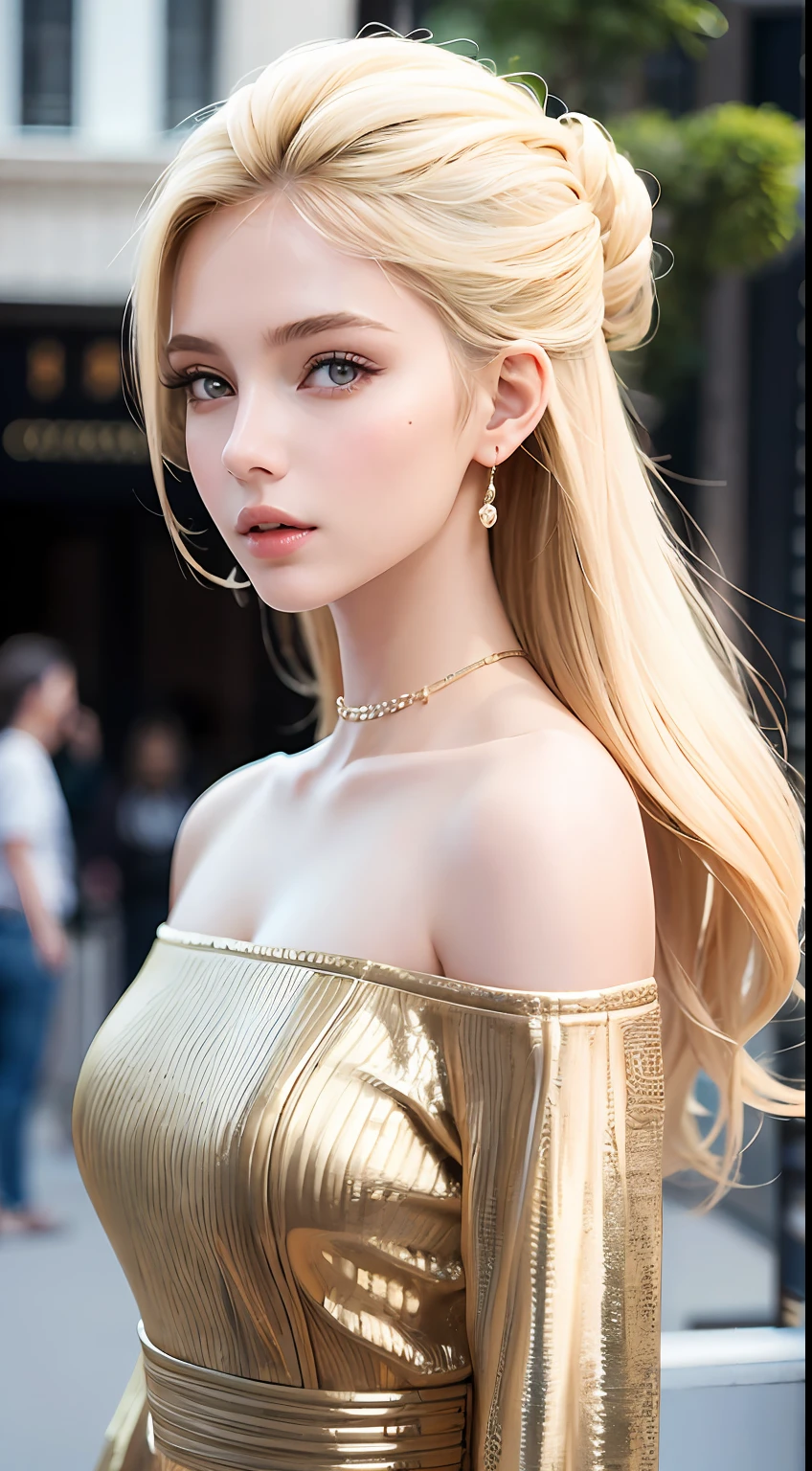 European and American women, A fashion model, Wear an off-the-shoulder top, Glamour, paparazzi taking pictures of her, Blonde hair, Brown eyes, 8K, High quality, Masterpiece, Best quality, HD, Extremely detailed, voluminetric lighting, Photorealistic