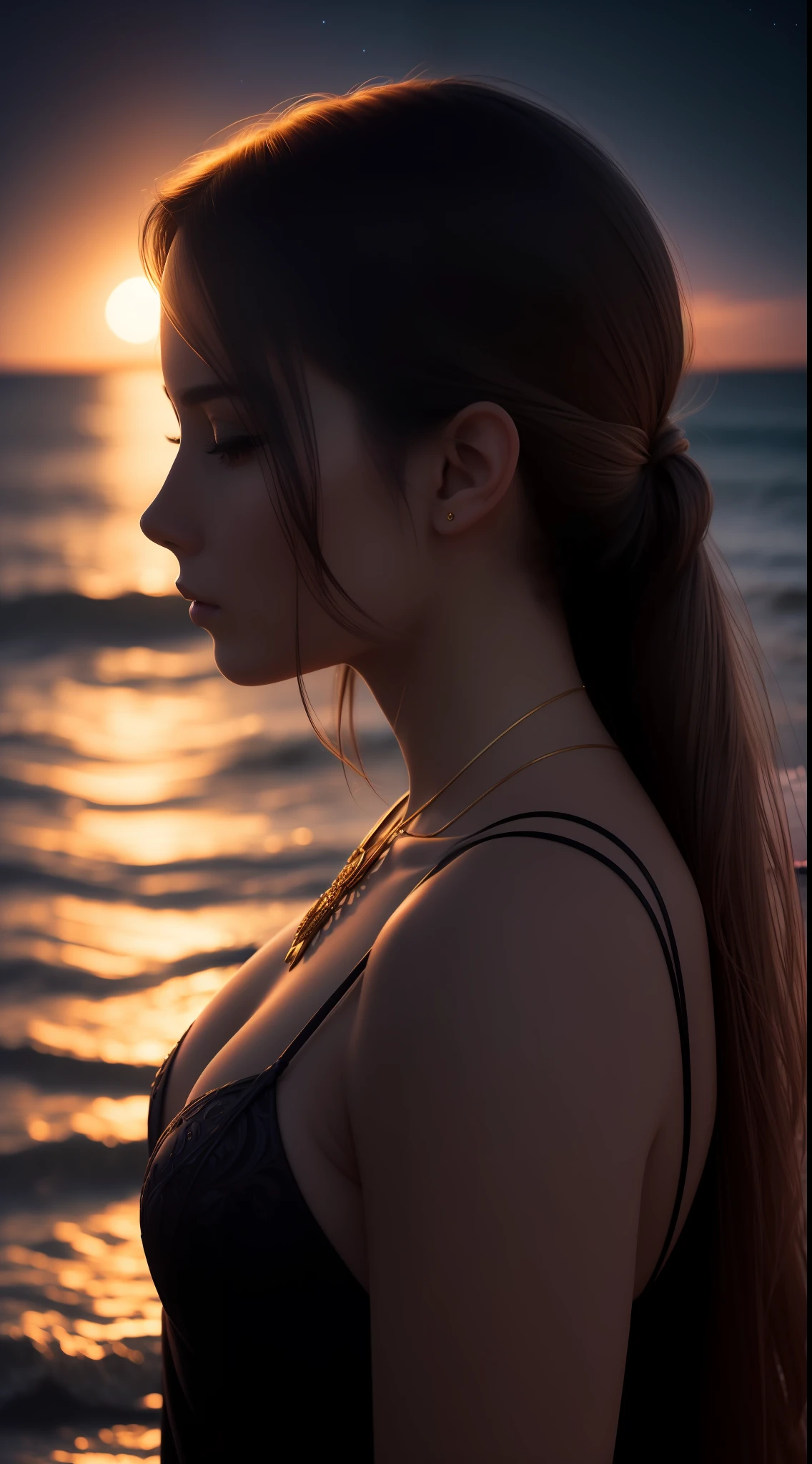 Super detailed art photography, Midnight Aura, night  sky , sea beach, Glowing, Backlit, glamour, saturated colors, Super High Resolution, ultra sharp focus, An intricate artistic masterpiece, the golden ratio, Intricate, Epic, high detail , brightness, cinematic character rendering, Super High Model, 64 thousand.