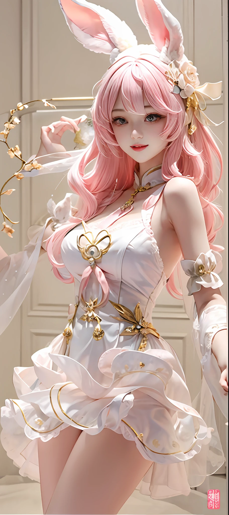 Crystal statue of a playful maid with long rabbit ears，Pink Long Hair，whiteapron，amazing body，pronounced feminine features，plumw，Delicate skin