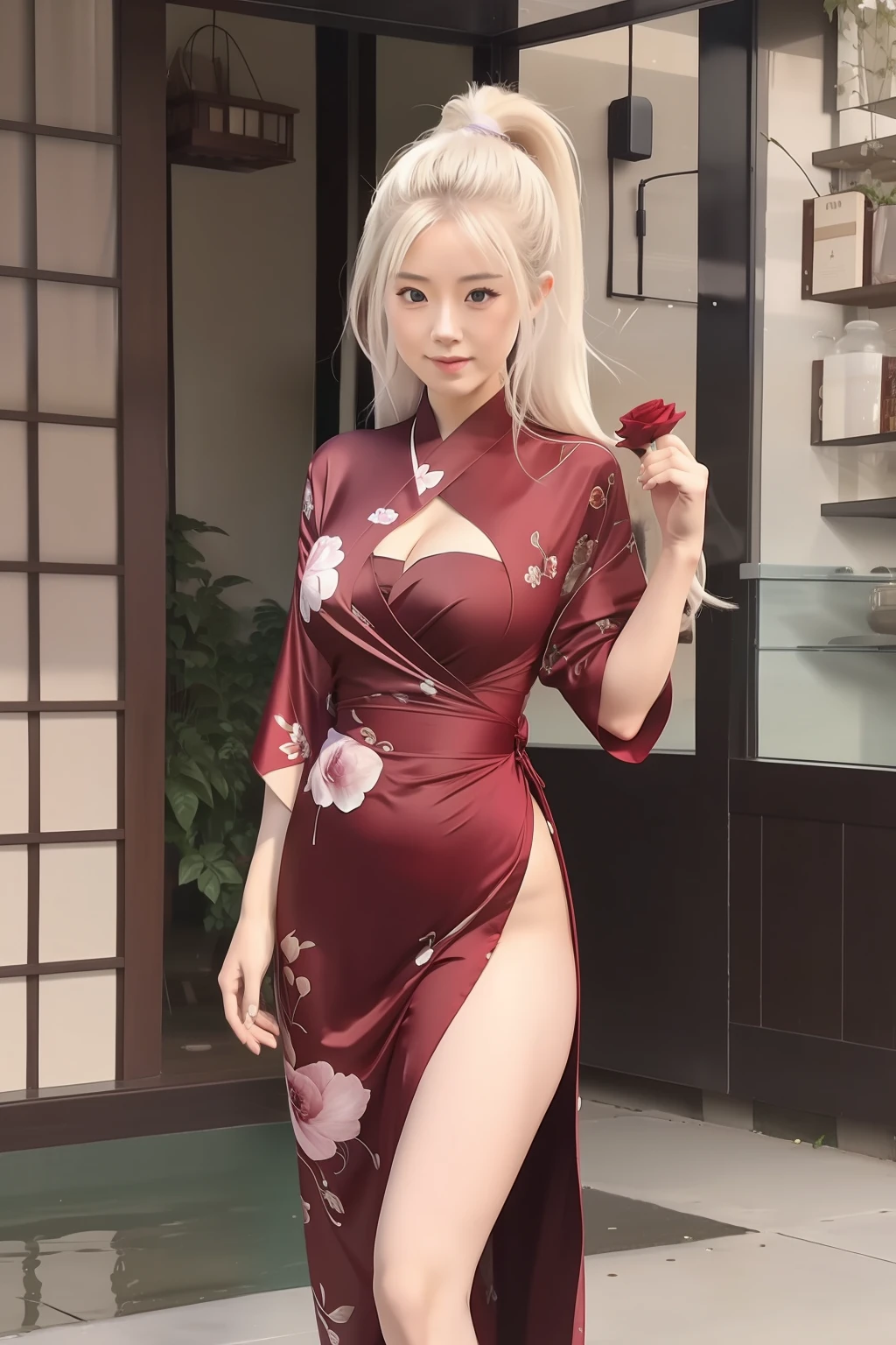 Ino yamanaka. A woman was standing on the porch. She's holding a rose. He wore a red kimono with a cleavage on the left leg. That suit looks so tight. Made the dent in his body clear. Including her breasts look so big and round. Her hair was neatly bound in cream. Her skin was so white and her cheeks so rosy. She looks so hot and realistic