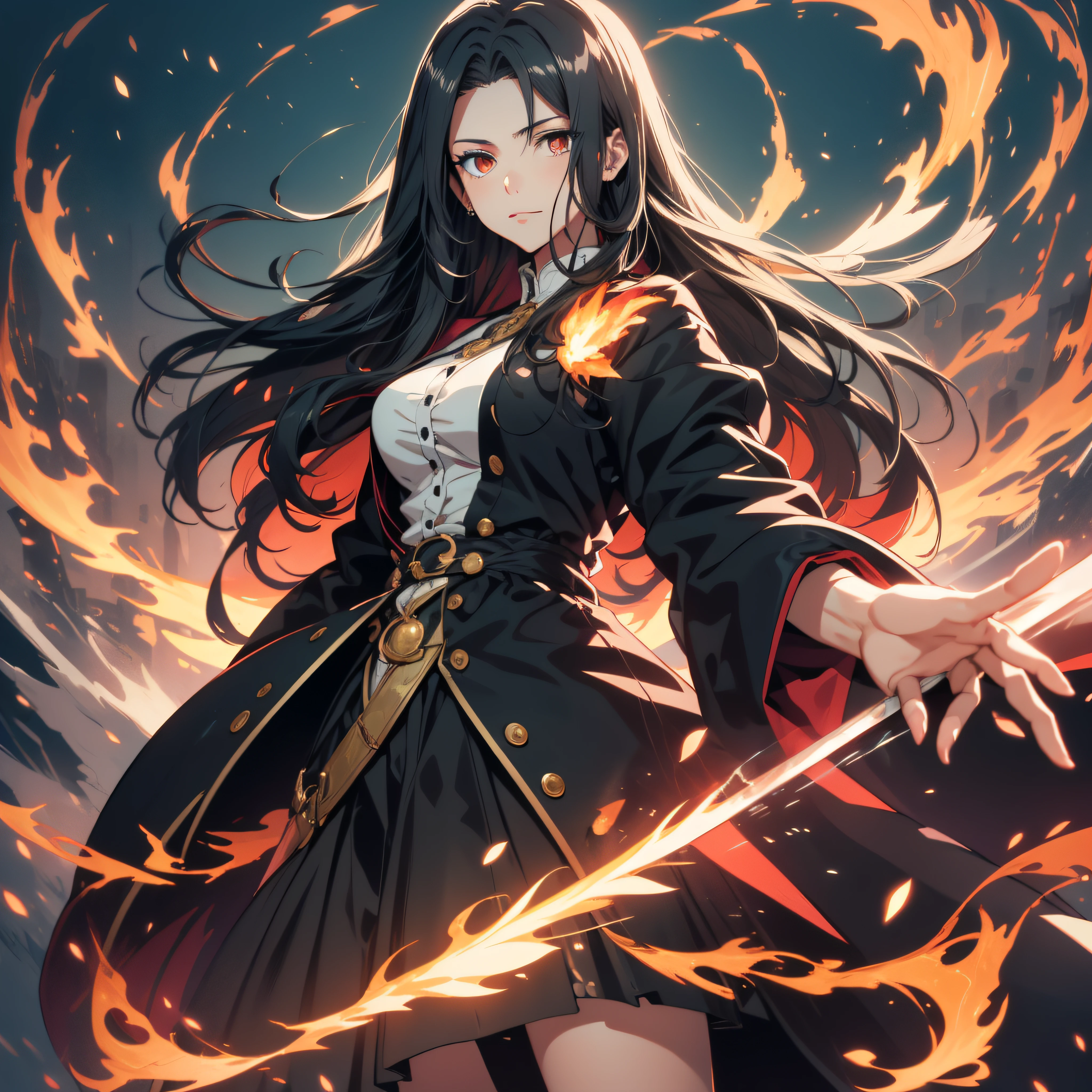 (ultra-detailed, perfect pixel, highrest, best quality), 20 years old Anime girl, smooth anime artstyle, long raven hair, slightly wavy hair, parted bangs, black hair, Magus, red orange eyes, long black coat, white shirt, black skirt, aristocrat, noble attire, beautiful, ethereal, elegant, prestigious, dark forest background, particle effect, fire flame, lightning, magic light, magic sword, standing, half body