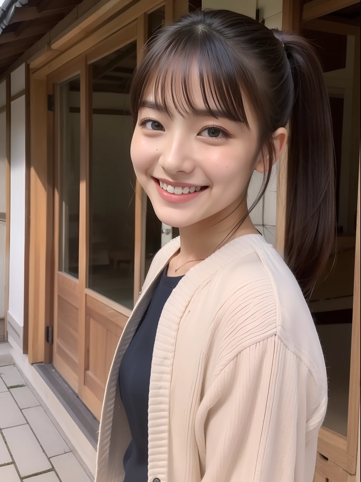 Beautuful Women、18year old、student clothes、Japanese houses、veranda、poneyTail、A smile