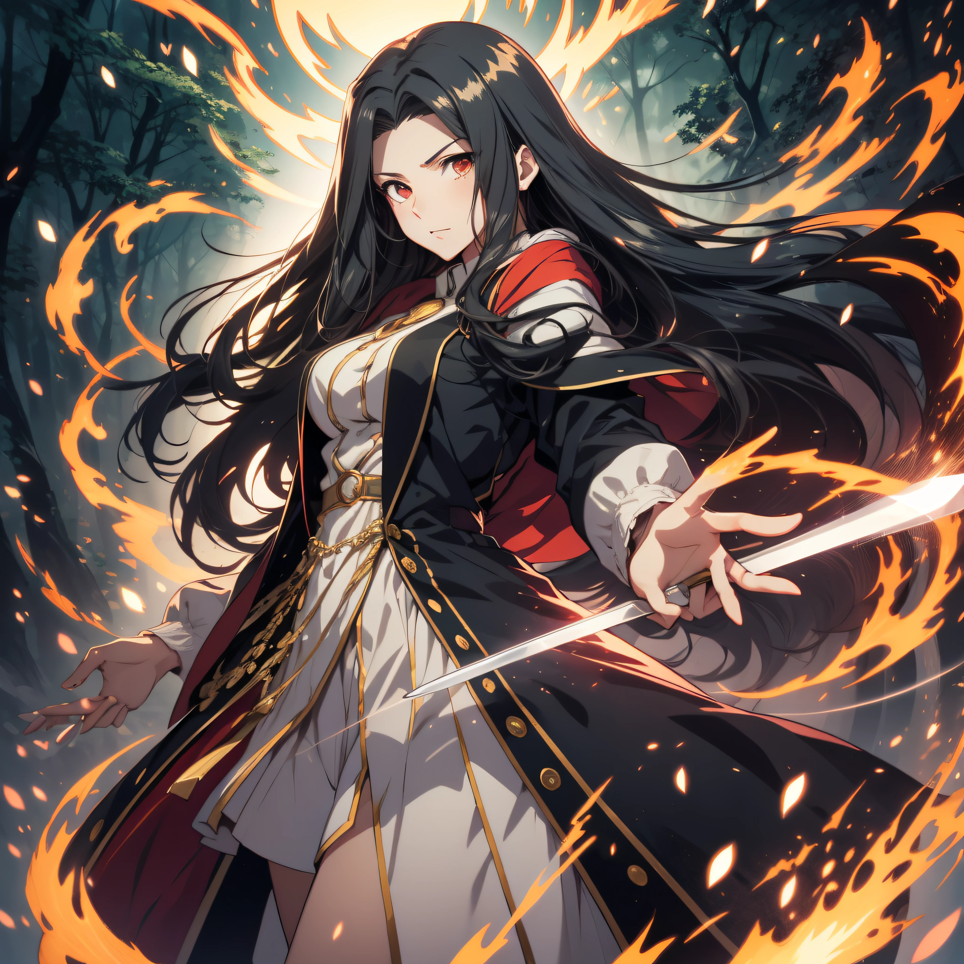 (ultra-detailed, perfect pixel, highrest, best quality), 20 years old Anime girl, smooth anime artstyle, long raven hair, slightly wavy hair, parted bangs, black hair, Magus, red orange eyes, long black coat, white shirt, black skirt, aristocrat, noble attire, beautiful, ethereal, elegant, prestigious, dark forest background, particle effect, fire flame, lightning, magic light, magic sword, standing, half body