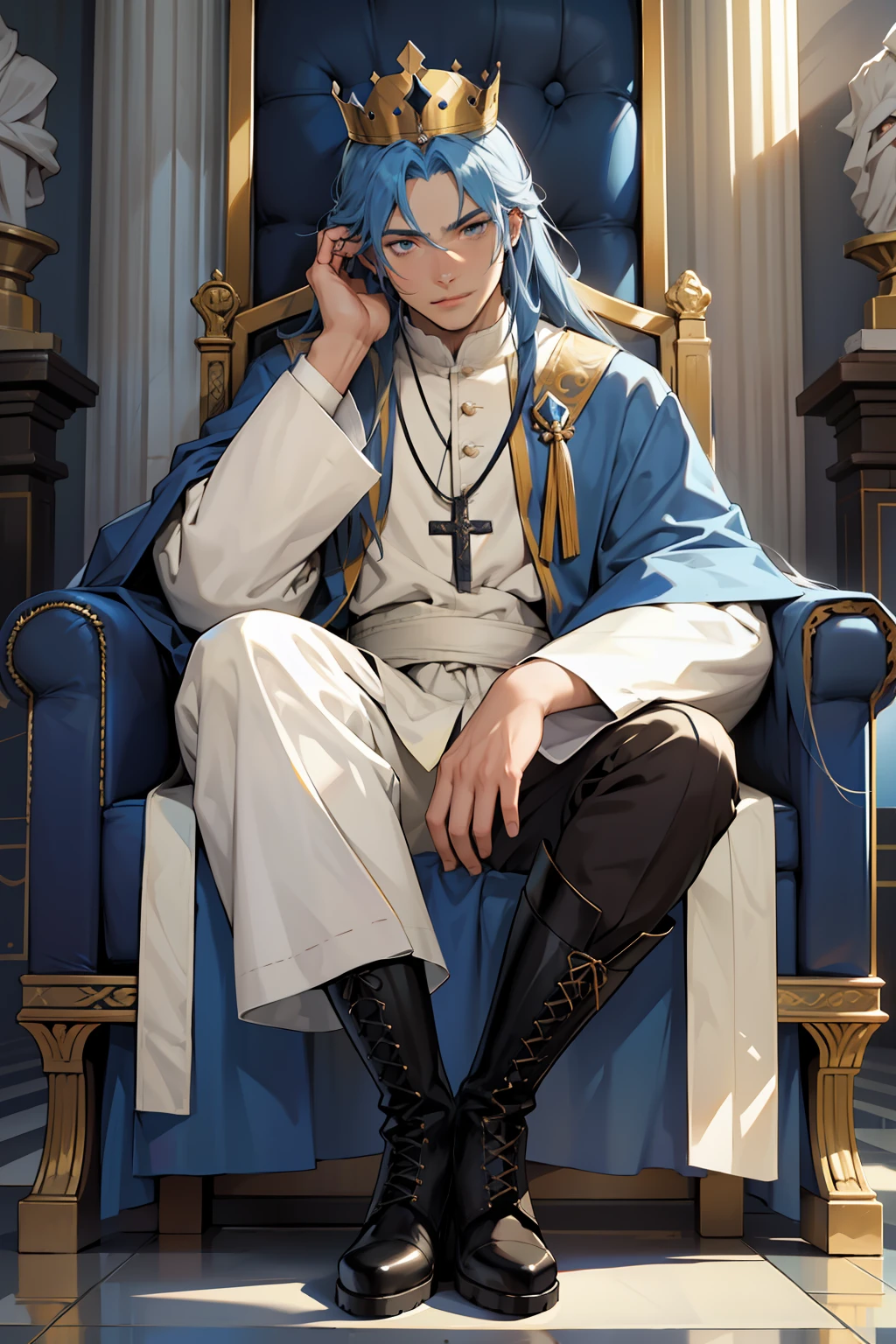 high qulity，Best quality at best，Refined face，(Nice face)，blue long hair，A male clergyman，The facial features are clearly defined，Priesthood，pope，Proselyte，Crown on head，Resolute，Integrity，cool guy，Wear boots