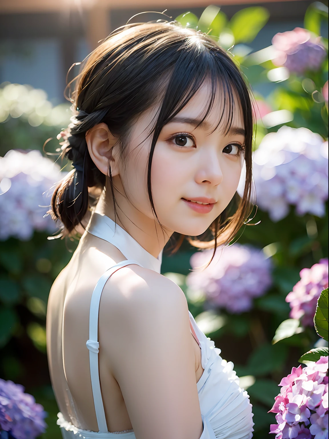 (((Full body photo)))), ((Single eyelid))),((Sunset backlight))),(Lens flare)),(Wearing china clothes)),(((Super Soft Focus)))))), smiling, (Profile))))), (Upward)), twilight, showering, Colorful hydrangea on background, surrounded by hydrangeas, ((soft sunset)), (yinchuan:1.5), masterpiece, best quality, raw photo, photorealistic, face, beautiful girl, cute, short hair, ((((depth of field)))), high resolution, ultra detail, fine detail, very detail, cinematic lighting