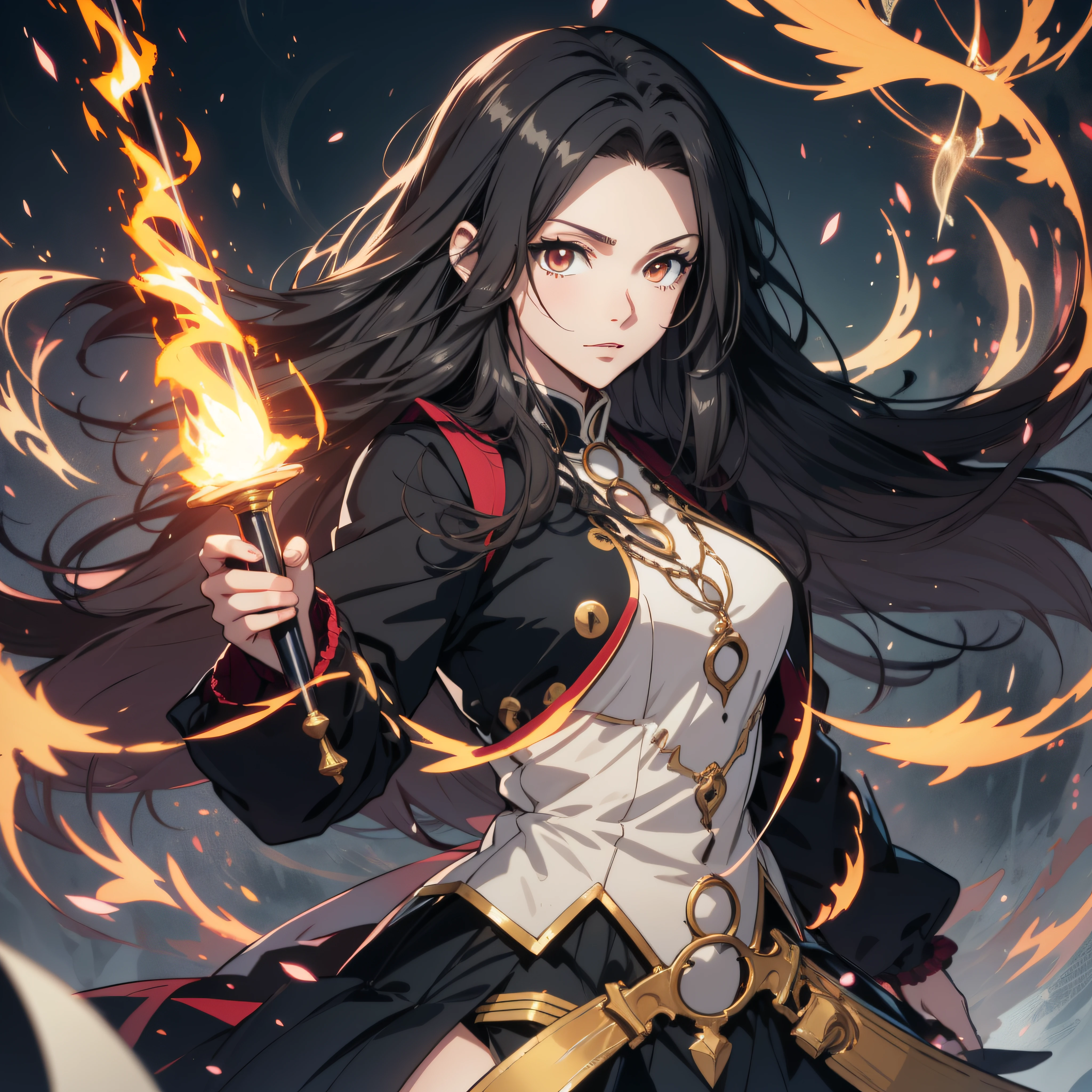 (ultra-detailed, perfect pixel, highrest, best quality), 20 years old Anime girl, smooth anime artstyle, long raven hair, slightly wavy hair, parted bangs, black hair, Magus, red orange eyes, long black coat, white shirt, black skirt, aristocrat, noble attire, beautiful, ethereal, elegant, prestigious, dark forest background, particle effect, fire flame, lightning, magic light, magic sword, standing, half body