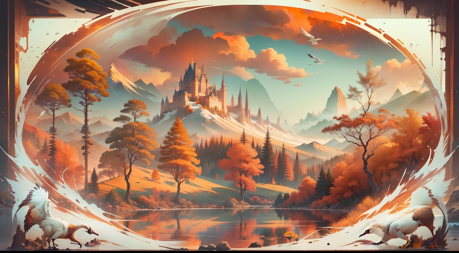 high high quality,Best quality at best,Realiy,Super realistic,super detailing,A high resolution,8K,Very realistic,tmasterpiece,intricately details,offcial art, RAW photogr, Incredibly Ridiculous res, (super wide shot), Holy light,动态照明, cinmatic lighting,finedetail,Epic fantasy digital art style,Stunning view in autumn。The whole scene is bathed in the setting sun,A warm golden glow renders the whole picture。At the highest point of the picture,A flock of flying geese flies in formation,They spread their wings and fly,forming a beautiful arc,It's like telling the story of travel,The trajectory of the wild goose is clearly visible,Leave unique lines and movements,Under the flying wild geese,This is a vast autumn sky,Azure and vast。Part of the sky is dyed warm red by the setting sun、Orange-yellow and dark purple,Form a cloud-like mass layer,It was as if there was a flame burning in the sky,The colors of the setting sun shine in the sky,Bloom like a gem。In the sunset,It is a soft orange-red band of light,Reflected on the lake,Blend in with the lake view,The lake is wide and calm,It's like a mirror,The reflection on the surface of the lake is blurry,Disorientation,It's like an abstract painting,The mountains in the distance are quiet,It seems to guard this idyllic autumn landscape,The picture is full of peace and harmony,It gives a quiet and distant feeling,The whole painting presents a spectacular sight,Showcase the power and beauty of nature,Stroll through the colorful sunset,Lonely wild geese soaring freely against the backdrop of the lake,The work is full of natural vitality and vitality,At the same time, It also reveals a serene and deep emotion,Immerse people in it,Feel the wonder and vastness of nature