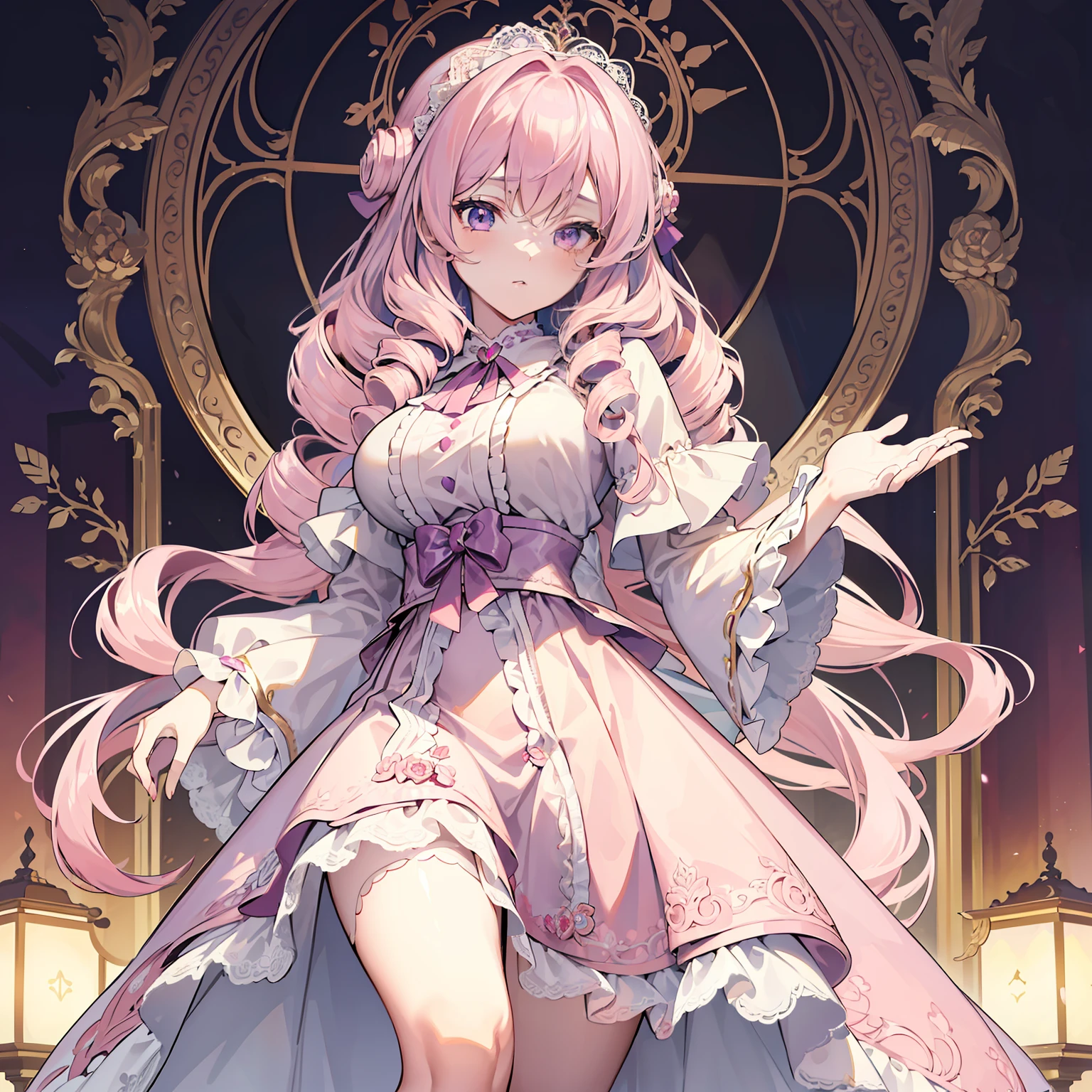 (masterpiece, best quality), intricate details, 8k, sharp focus, (bokeh) (best quality) (detailed skin:1.3) (intricate details) (8k) (detailed eyes) (anime girl) (light pink hair) (busty) (long hair) (drill hair) (wavy hair) (mature) (purple eyes) (elegant) (regal) (vintage) (beautiful) (dynamic pose) (ta dress) (lace) (ribbons)