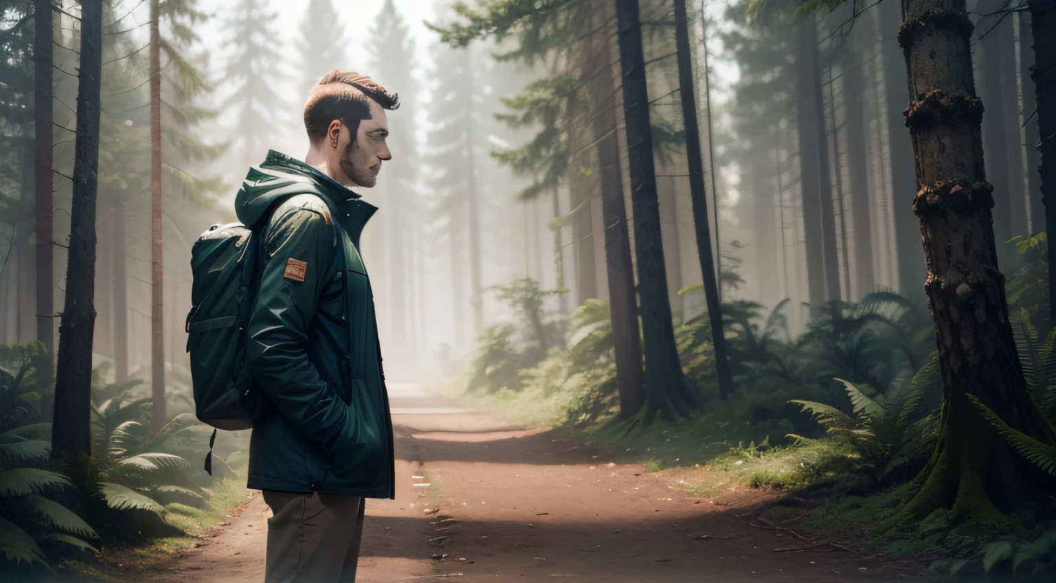 an ordinary man in the forest Facing the camera
