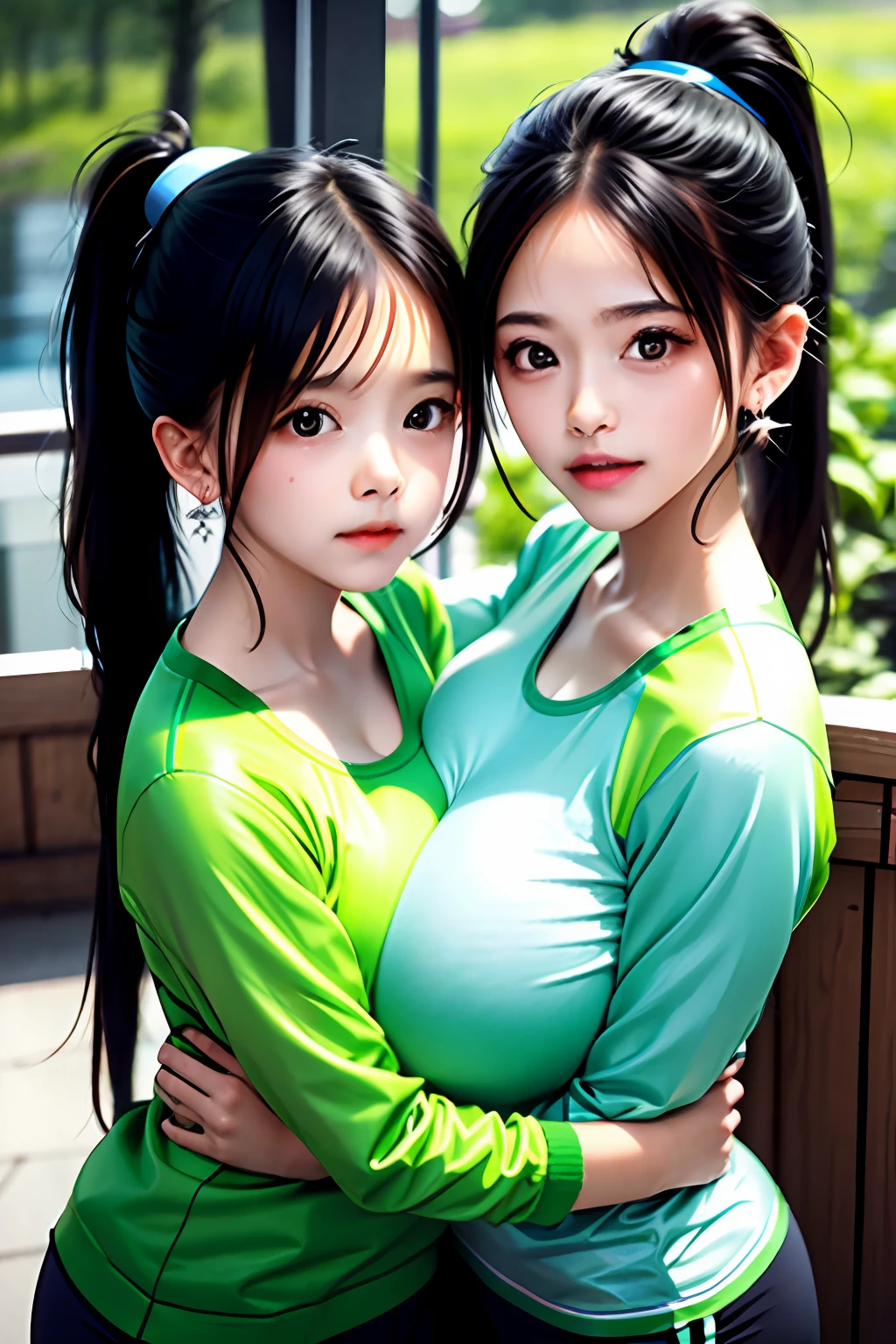 Two  girls hugging each other，（The act of undressing.），Ponytail braid，Wear damp green sportswear，Soaked sportswear，Sweat all over the body，（Extremely huge super swollen breasts, Z-cup breasts.）