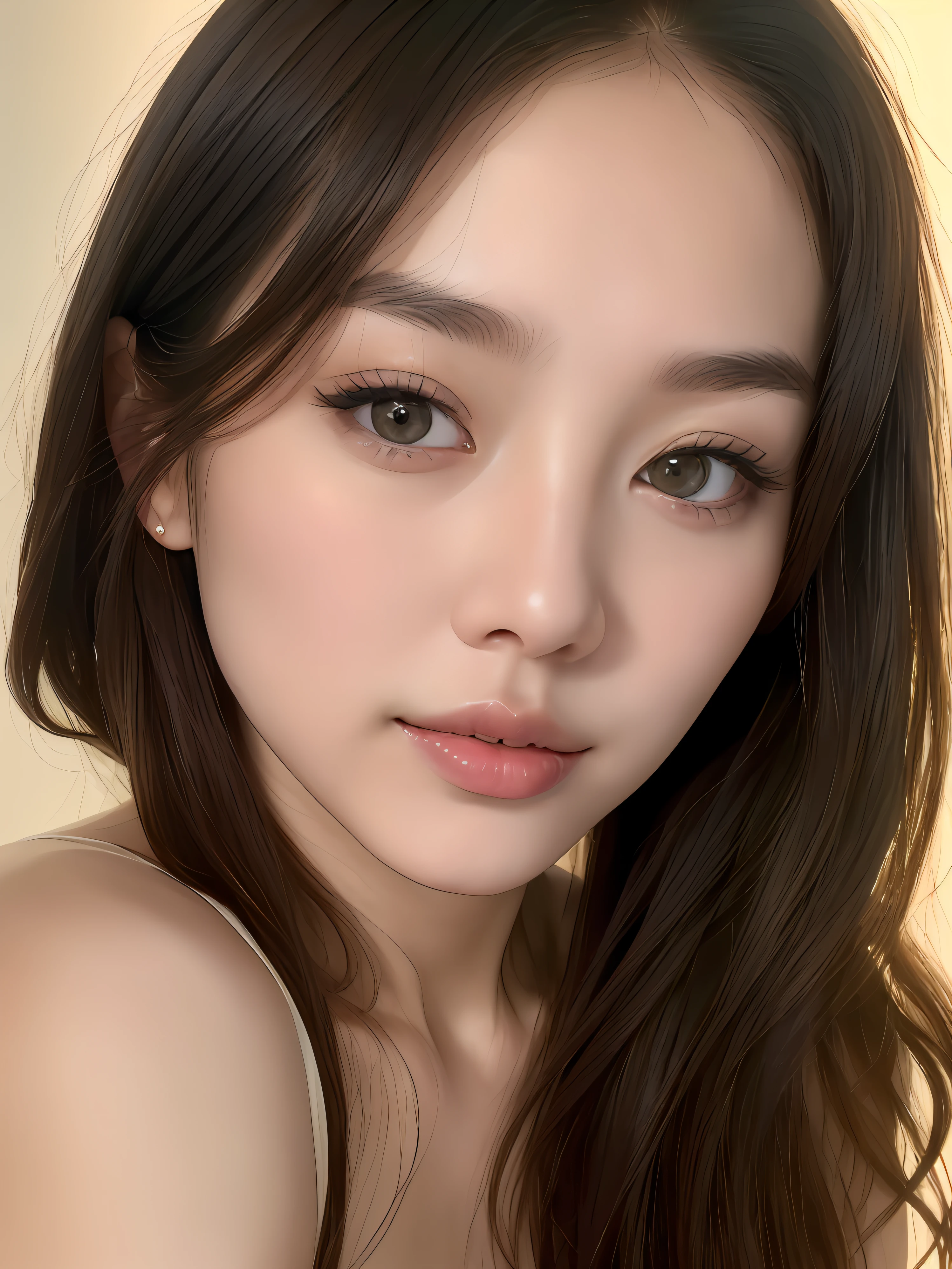 (photorealistic:1.2), artistic composition, professional studio photography of a Korean star 24-year-old woman posing naturally and spontaneously, lively gaze, oval face, high cheekbones, straight nose, clear rounded eyes, (full lips:1.2), delicate chin, natural hair, highly detailed skin, natural skin texture, pale skin, professional dramatic lighting