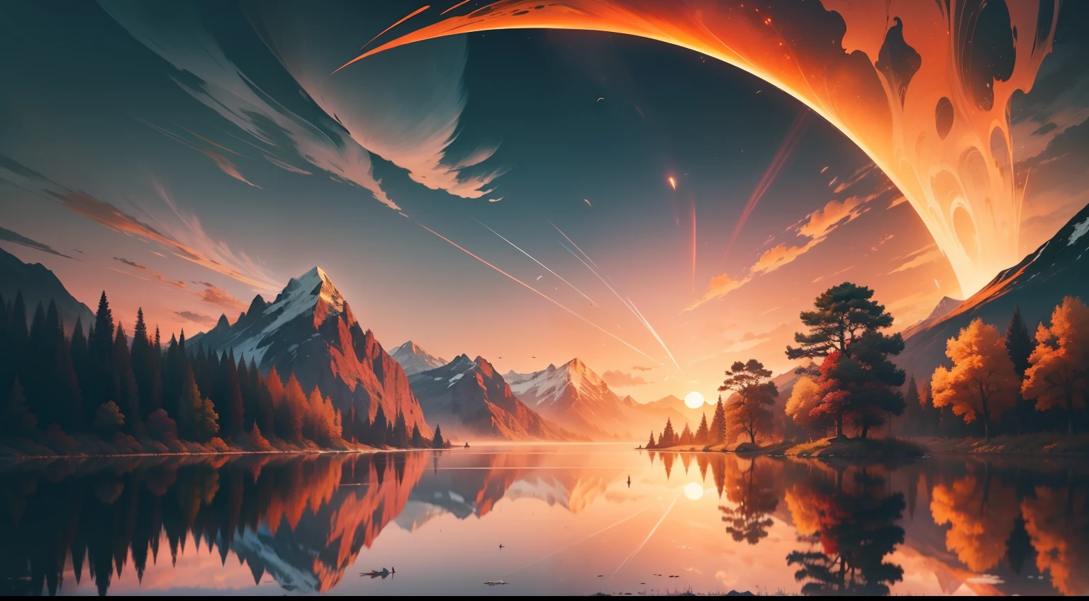 high high quality，Best quality at best，Realiy，Super realistic，super detailing，A high resolution，8K，Very realistic，tmasterpiece，intricately details，offcial art， RAW photogr， Incredibly Ridiculous res， (super wide shot), Holy light,动态照明， cinmatic lighting，finedetail，Epic fantasy digital art style,Stunning view in autumn。The whole scene is bathed in the setting sun，A warm golden glow renders the whole picture。At the highest point of the picture，A flock of flying geese flies in formation，They spread their wings and fly，forming a beautiful arc，It's like telling the story of travel，The trajectory of the wild goose is clearly visible，Leave unique lines and movements，Under the flying wild geese，This is a vast autumn sky，Azure and vast。Part of the sky is dyed warm red by the setting sun、Orange-yellow and dark purple，Form a cloud-like mass layer，It was as if there was a flame burning in the sky，The colors of the setting sun shine in the sky，Bloom like a gem。In the sunset，It is a soft orange-red band of light，Reflected on the lake，Blend in with the lake view，The lake is wide and calm，It's like a mirror，The reflection on the surface of the lake is blurry，Disorientation，It's like an abstract painting，The mountains in the distance are quiet，It seems to guard this idyllic autumn landscape，The picture is full of peace and harmony，It gives a quiet and distant feeling，The whole painting presents a spectacular sight，Showcase the power and beauty of nature，Stroll through the colorful sunset，Lonely wild geese soaring freely against the backdrop of the lake，The work is full of natural vitality and vitality，At the same time, It also reveals a serene and deep emotion，Immerse people in it，Feel the wonder and vastness of nature