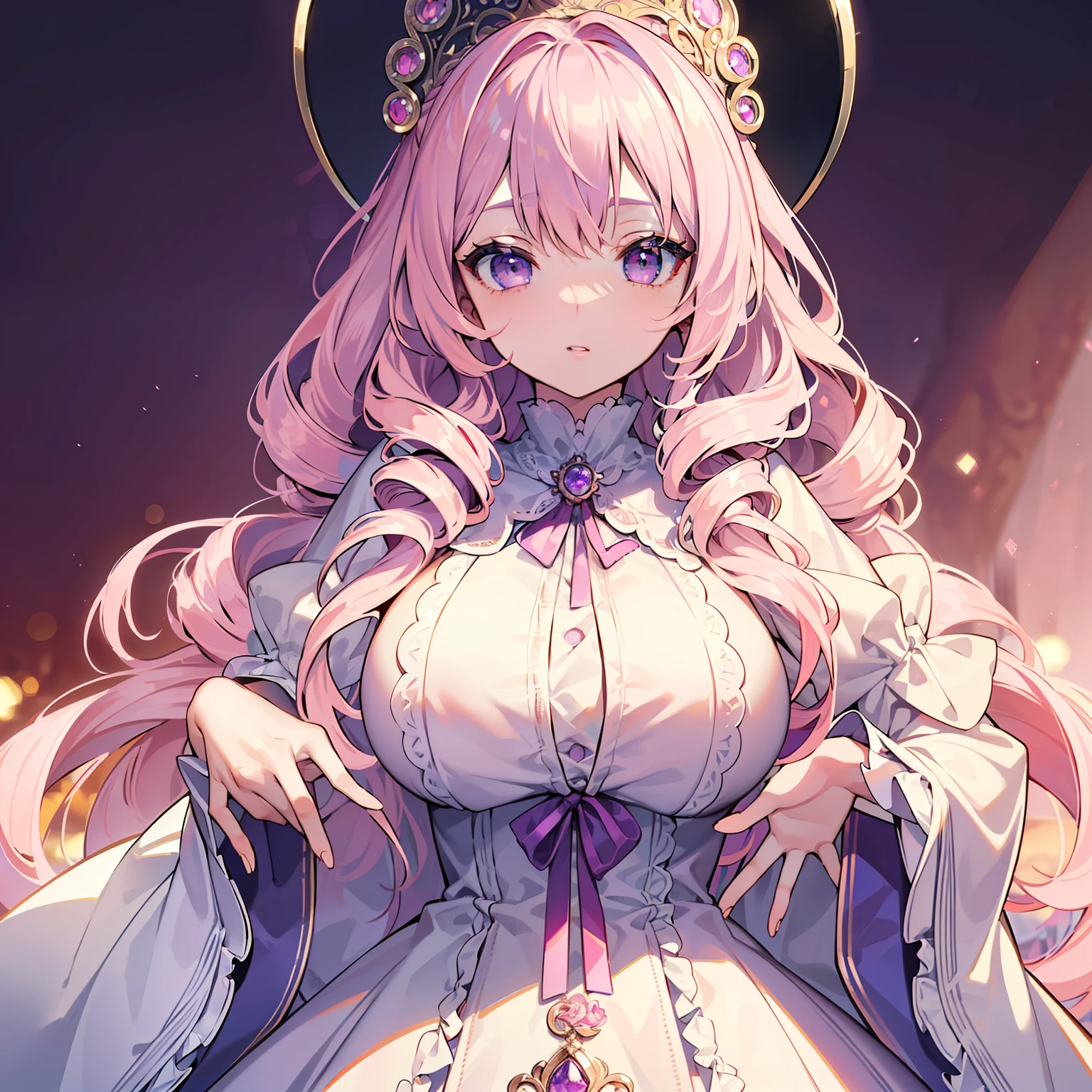 (masterpiece, best quality), intricate details, 8k, sharp focus, (bokeh) (best quality) (detailed skin:1.3) (intricate details) (8k) (detailed eyes) (anime girl) (light pink hair) (busty) (long hair) (drill hair) (wavy hair) (mature) (purple eyes) (elegant) (regal) (vintage) (beautiful) (dynamic pose) (Lolita dress) (lace) (ribbons)