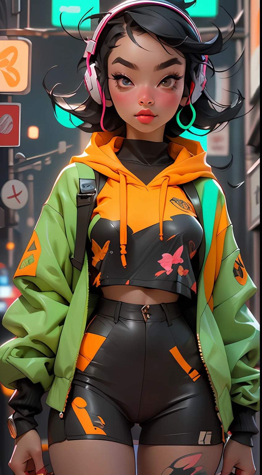 ((Best quality)), ((masterpiece)), ((realistic)) and ultra-detailed photography of a 1stunning insta baddie with neon headphones. She has ((black hair)), is wearing an turquoise and orange techwear jacket, and exudes a ((beautiful and aesthetic)) hip hop vibe., mega detailed, best quality, top-notch masterpiece