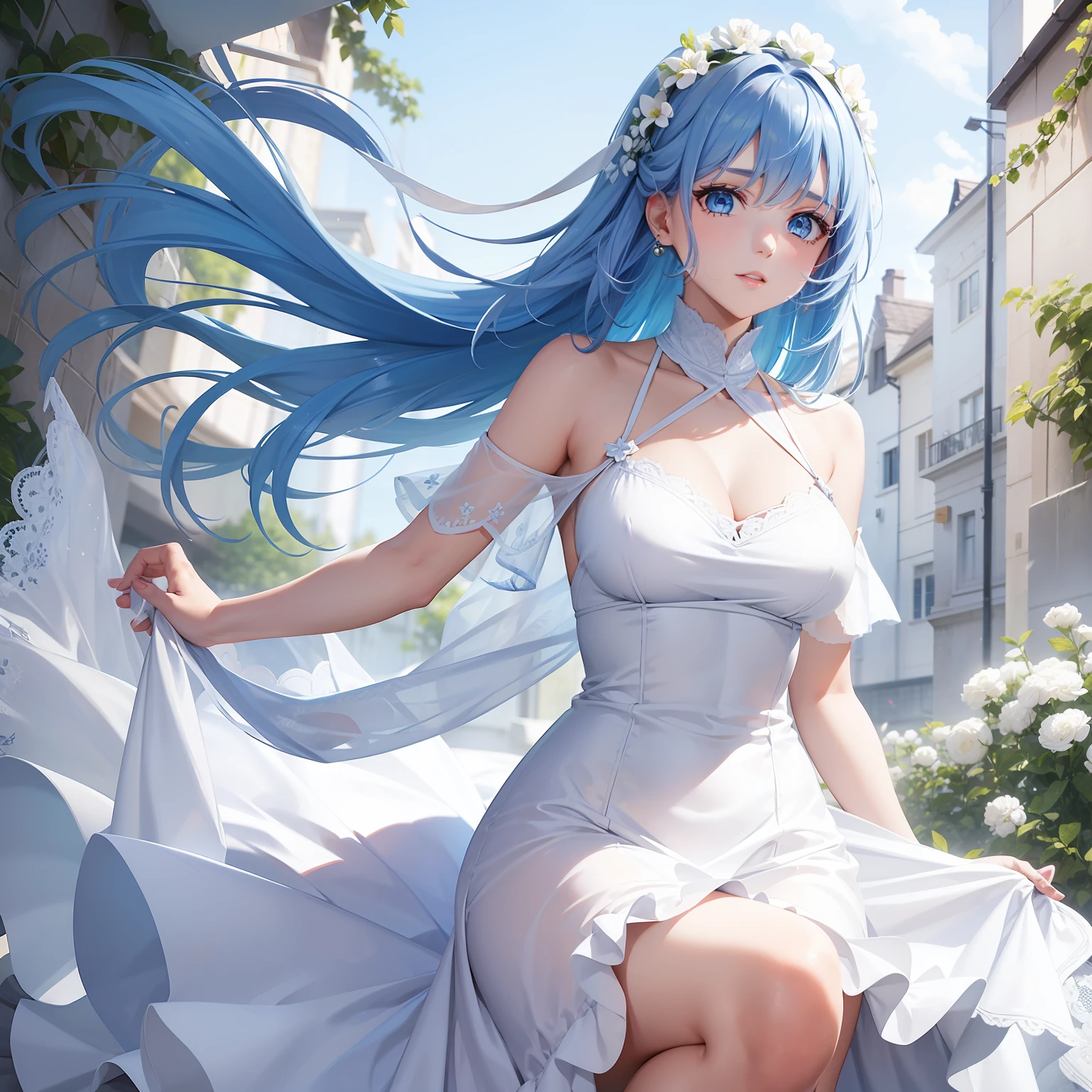 a women, blue hair, blue eyes, white dress