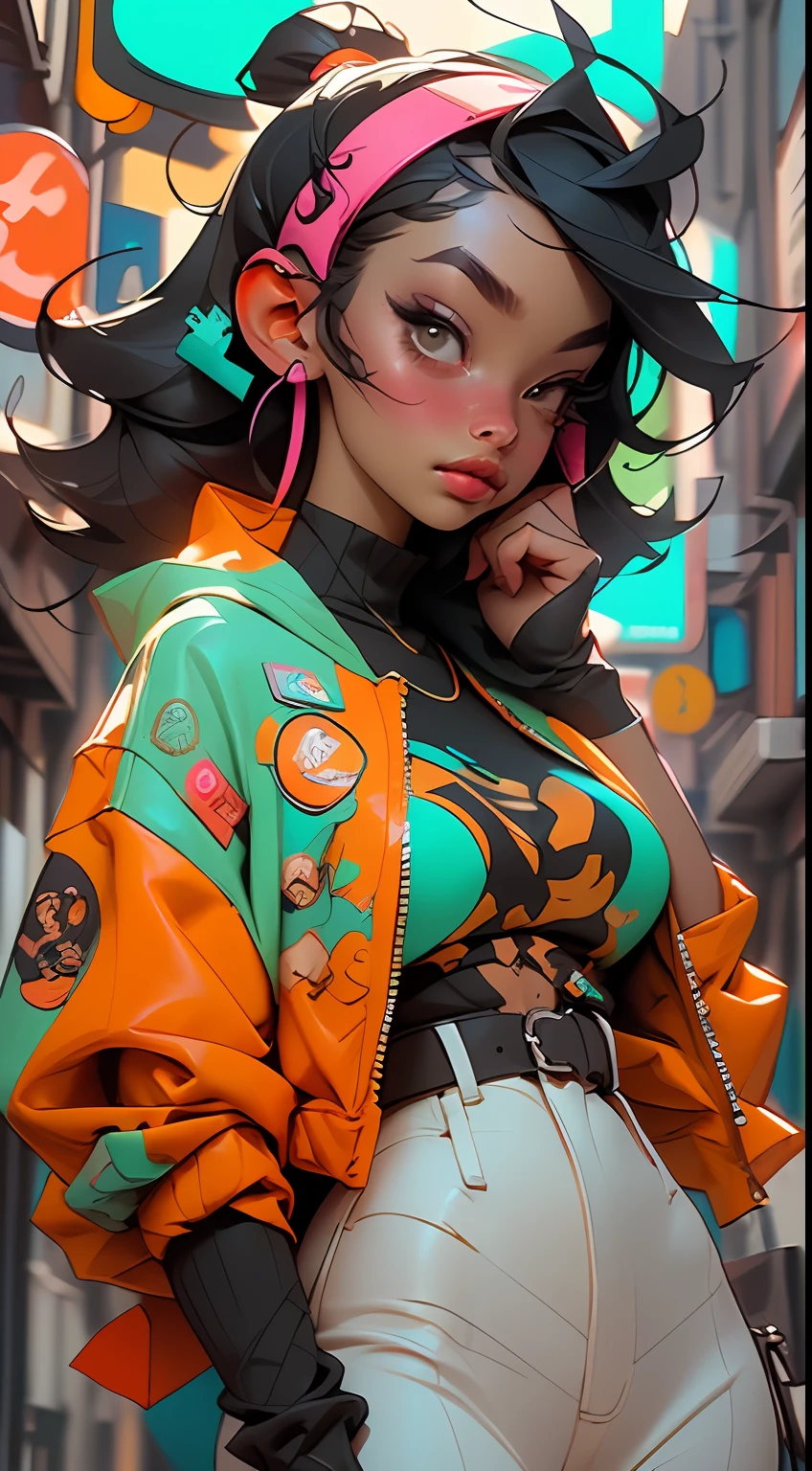 ((Best quality)), ((masterpiece)), ((realistic)) and ultra-detailed photography of a 1stunning insta baddie with neon headphones. She has ((black hair)), is wearing an turquoise and orange techwear jacket, and exudes a ((beautiful and aesthetic)) hip hop vibe., mega detailed, best quality, top-notch masterpiece