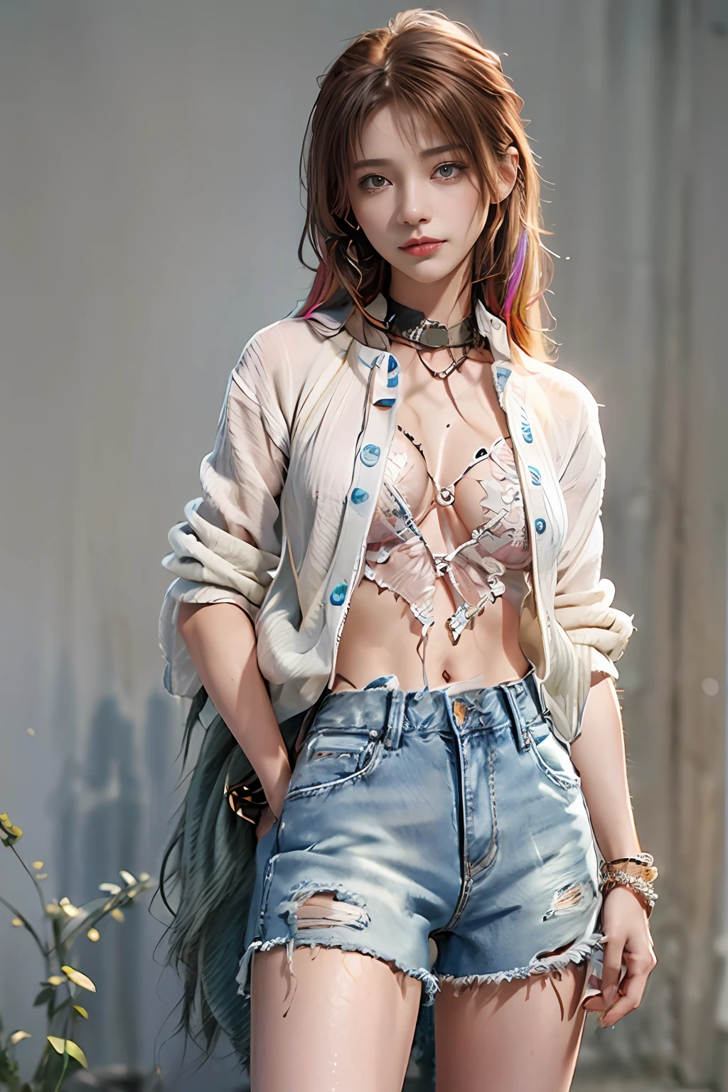 ((Taut))、(Chiseled abs:1.1)、(the perfect body:1.1)、(shorth hair:1.2)、reddish brown hair、collars、chain、FULL BODYSHOT、the beach、summer sweater、lowrise、((Low-rise denim shorts))、(Very detailed CG 8k wallpaper)、(extremely delicate and beautiful)、(​masterpiece)、(top-quality:1.0)、(超A high resolution:1.0)、beautiful  lighting、perfect lightning bolt、realistic shadow、[hight resolution]、Detailed skin、 ultra-detailliert(((colourfull)))、High Real、