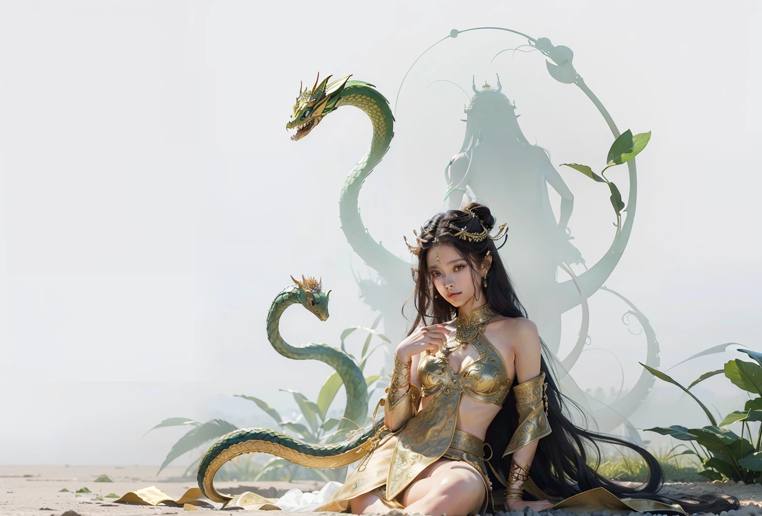 ((beste-Qualit)), ((master-piece)), ((lifelike)), Medusa, full entire body, I consist of countless small snakes..., green eyes, female face, Metal engraved top, Aura Royal, Trends on Artstation , crisp focus, photo studio, intricate detailed, Very detail, Fine Eyes, illustration, Very detail, crisp focus, Digital display, professional, 10 ,Thai serpent ,Traditional Thai costumes ,