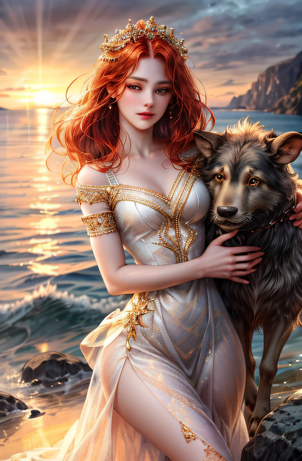 ( High quality , ultra detailed to hand ) ( careful hand ) Zodiac sign- Aries goddess , Similar to Latin goodness , brave ,willful ,productive ,enterprising and humanitarian face . Moody, impulsive, Impatient, assertive style . sunset reddish hair , Transparent dress , in the ocean with sun , Whole body , crystal fire eyes ( eye detailed ) . strong powerful make up look . goddess of fire .