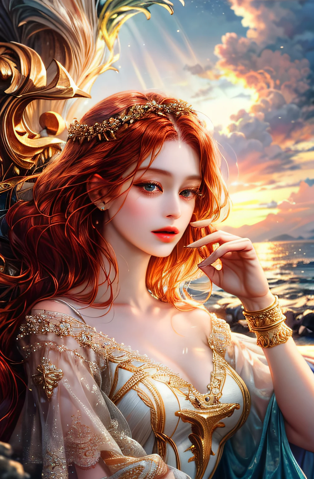( High quality , ultra detailed to hand ) ( careful hand ) Zodiac sign- Aries goddess , Similar to Latin goodness , brave ,willful ,productive ,enterprising and humanitarian face . Moody, impulsive, Impatient, assertive style . sunset reddish hair , Transparent dress , in the ocean with sun , Whole body , crystal fire eyes ( eye detailed ) . strong powerful make up look . goddess of fire .