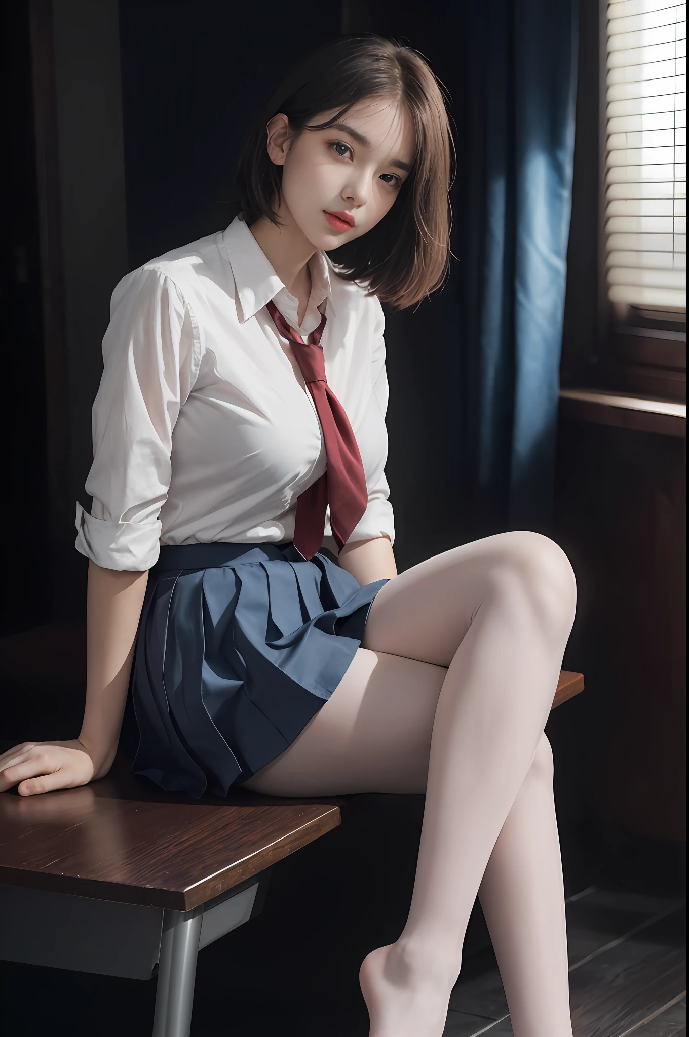 Ultra-realistic 8k cg, perfect face, flawless, clean, masterpiece, professional artwork, famous artwork, perfect face, beautiful face, beautiful eyes, ((perfect female body)), solo, (immersive atmosphere, chiaroscuro: 1.5, bright light: 1.2, luminous light), (blush: 0.5), enchanting expression, extreme detail _ eyes, thick thighs, huge breasts, delicate background, depth of field, realism: 1.3, vista, 1girl, shirt, pleated skirt, School uniform, sitting, full body, (ambient light: 1.3), (film composition: 1.3), (neon: 0.1), (HDR: 0.1), accent lighting, white pantyhose