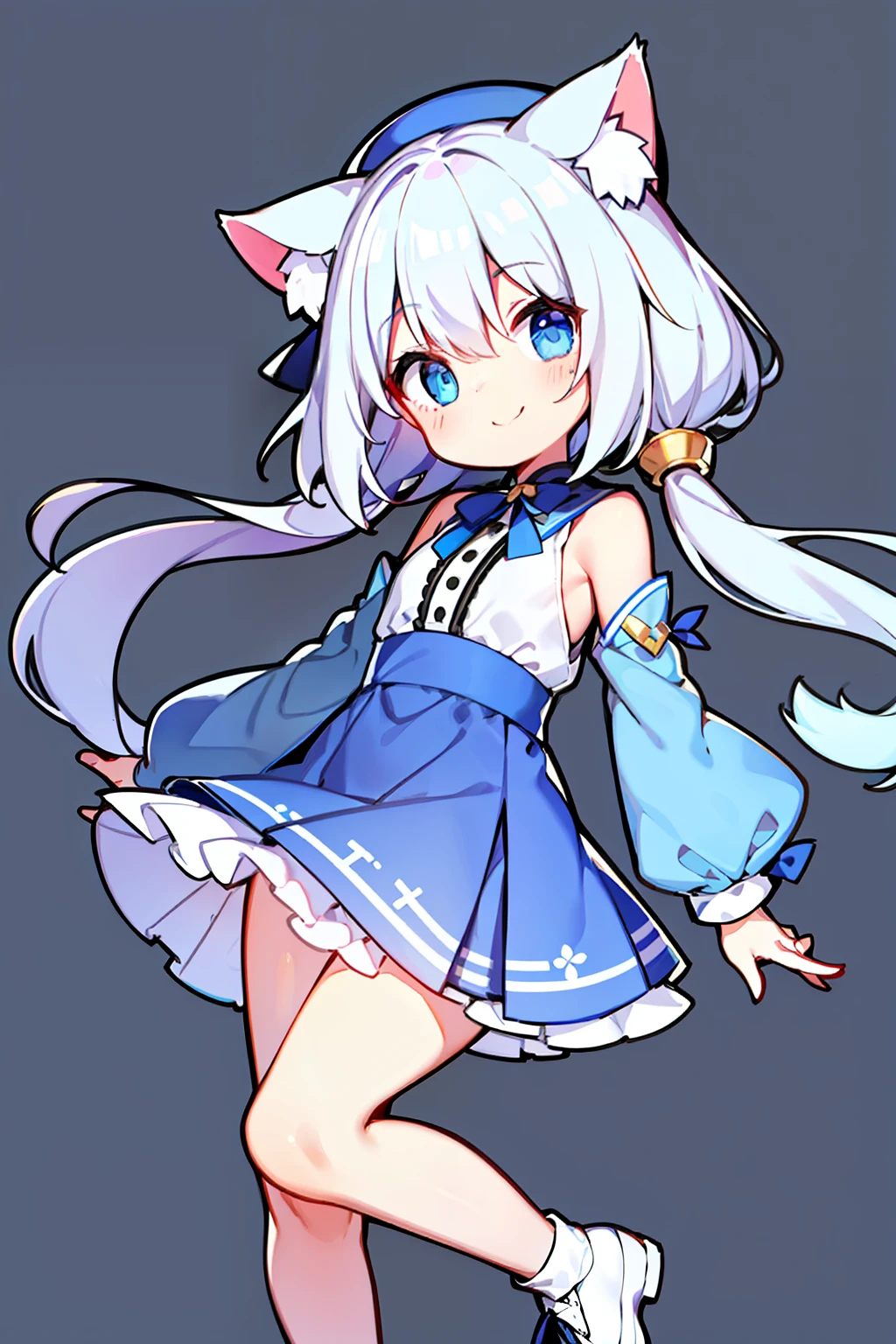 Chattotori， 1girll， blue sleeve， 独奏，Cat ears， Separate the sleeves， full bodyesbian， ssmile， a skirt， looking at viewert， shift dresses， exposed bare shoulders， Bare legs， Beautiful detailed eyes， Be red in the face， standing on your feet， 鎖骨， No shoulder strap， Hats， footwear， leges， frilld， flatchest， short  skirt， Bow knot， longer sleeves， arms at sides， beatiful background，