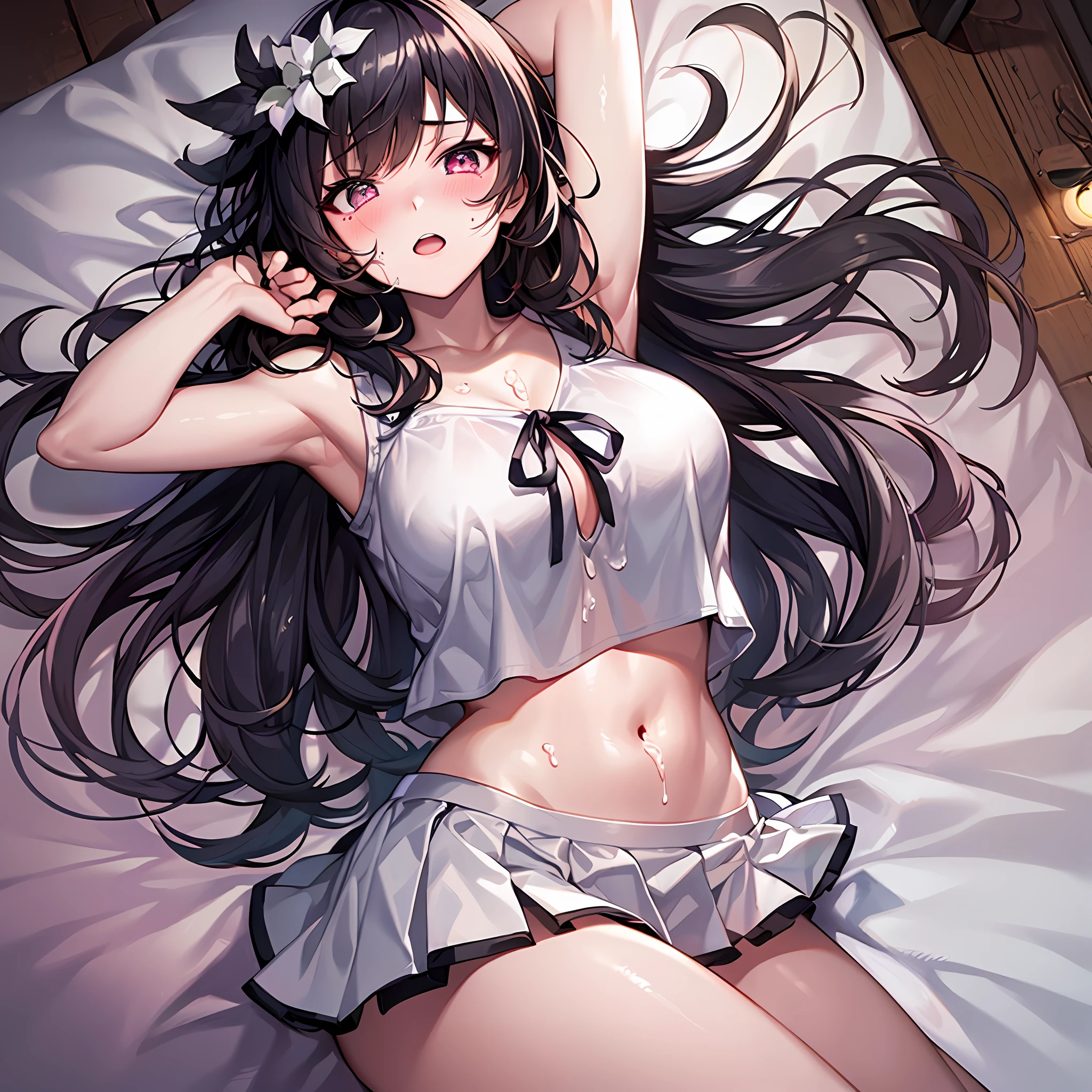 1girl, solo, full body, lying on bed, (from above view), (cum on breasts:1.2), blushing, scared, black hair, log hair, crying, ombre hair, multicolor hair, hot pink eye, shiny eyes, pale skin, slim waist, largr breast, wipe hip, soft light, pink light, very short skirt, navel, big hip, red ribbon, white top, cute mini skirt, cute top