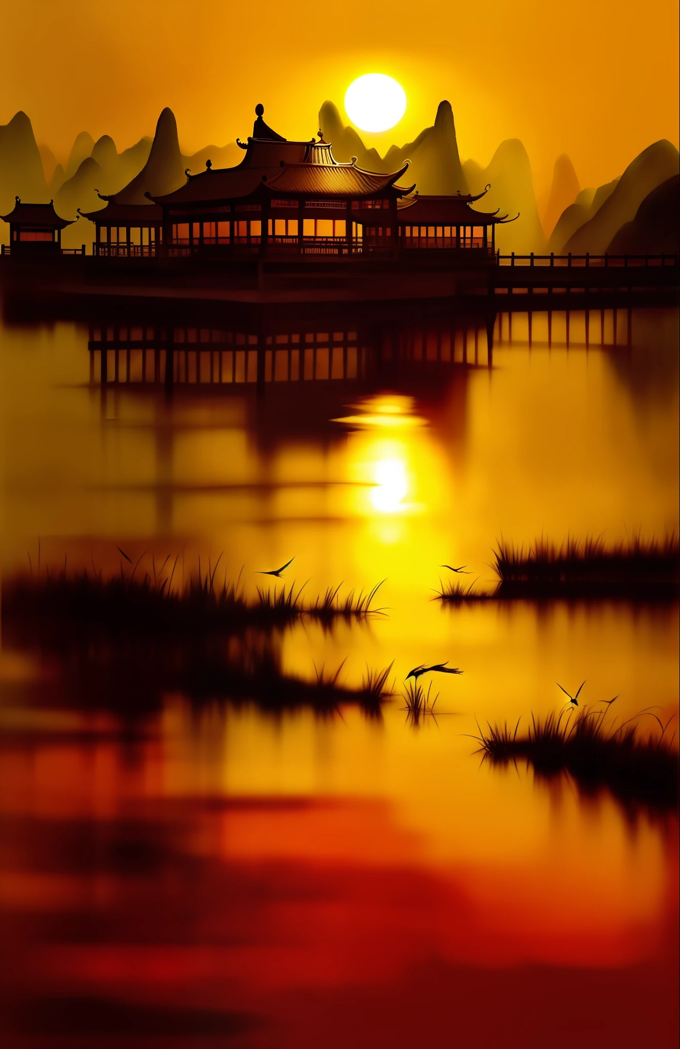 The sunset and the solitary crane fly together,The autumn water is the same for a long time,Chinese wind mountains, rios, Auspicious clouds, Pavilions, rays of sunshine, tmasterpiece, super detailing, Epic composition, hyper HD, high qulity, extremely detaile, offcial art, 统一 8k 壁纸, super detailing, 32K